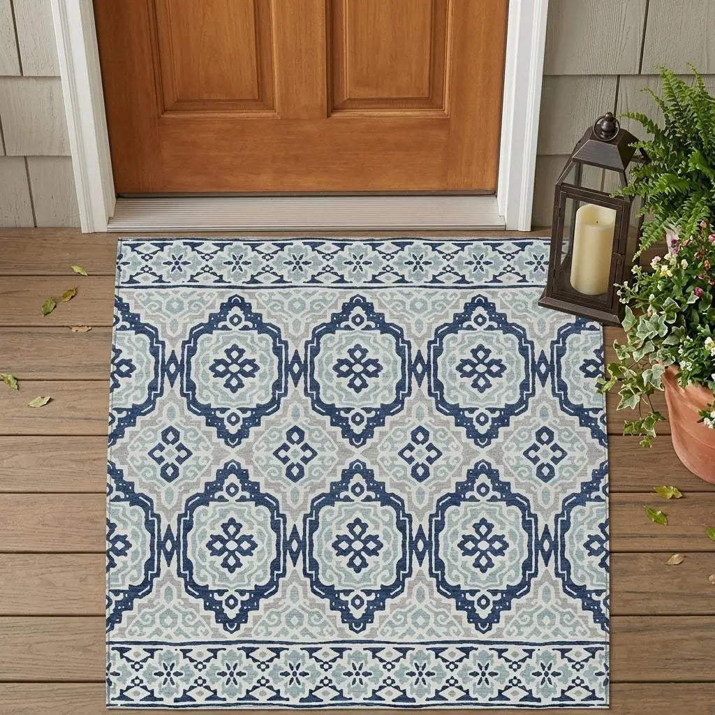 3' X 5' Navy Blue And Aqua Tribal Washable Indoor Outdoor Area Rug Homeroots Outdoor