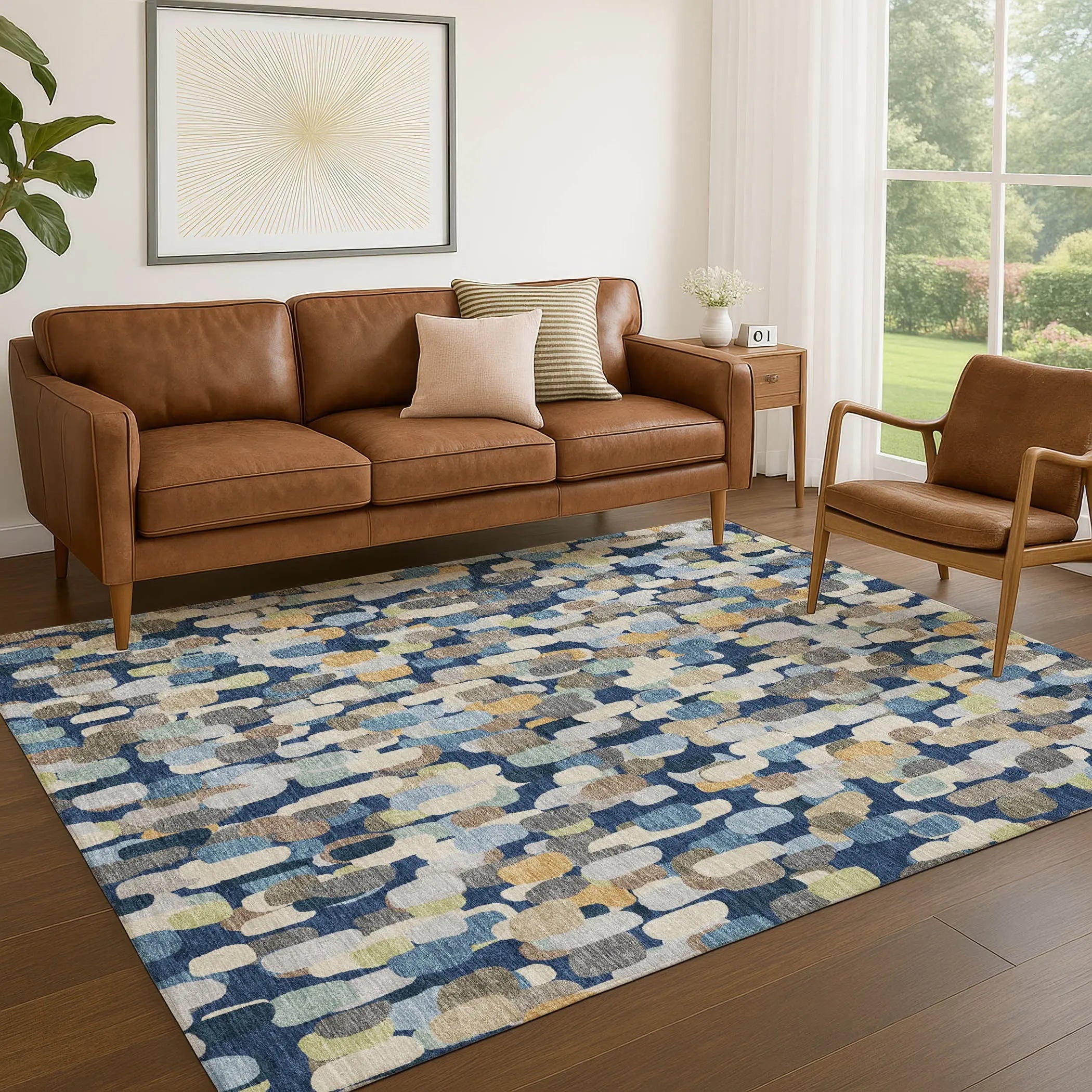 3' X 5' Navy Blue And Beige Abstract Washable Indoor Outdoor Area Rug Homeroots Outdoor