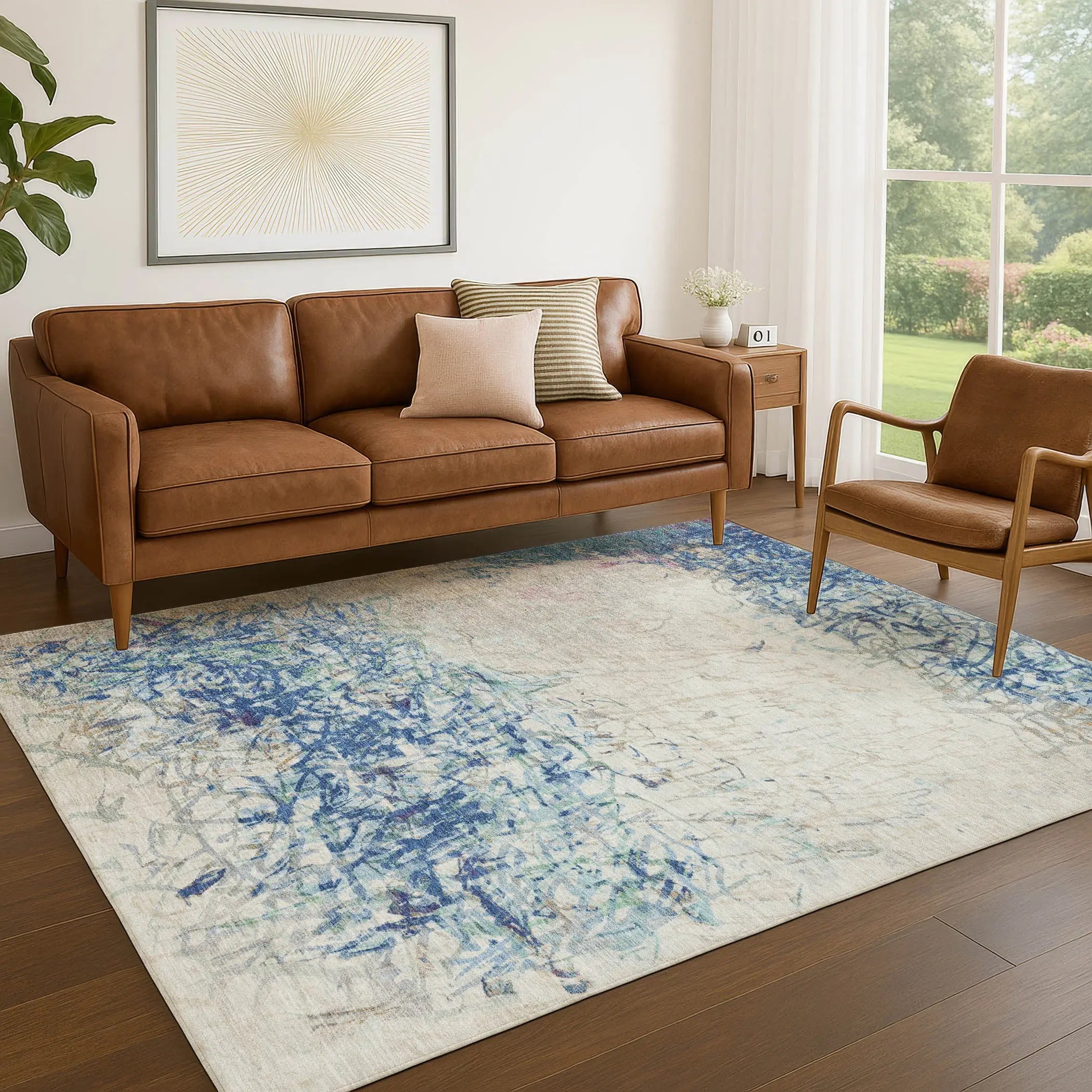 3' X 5' Navy Blue And Beige Abstract Washable Indoor Outdoor Area Rug Homeroots Outdoor