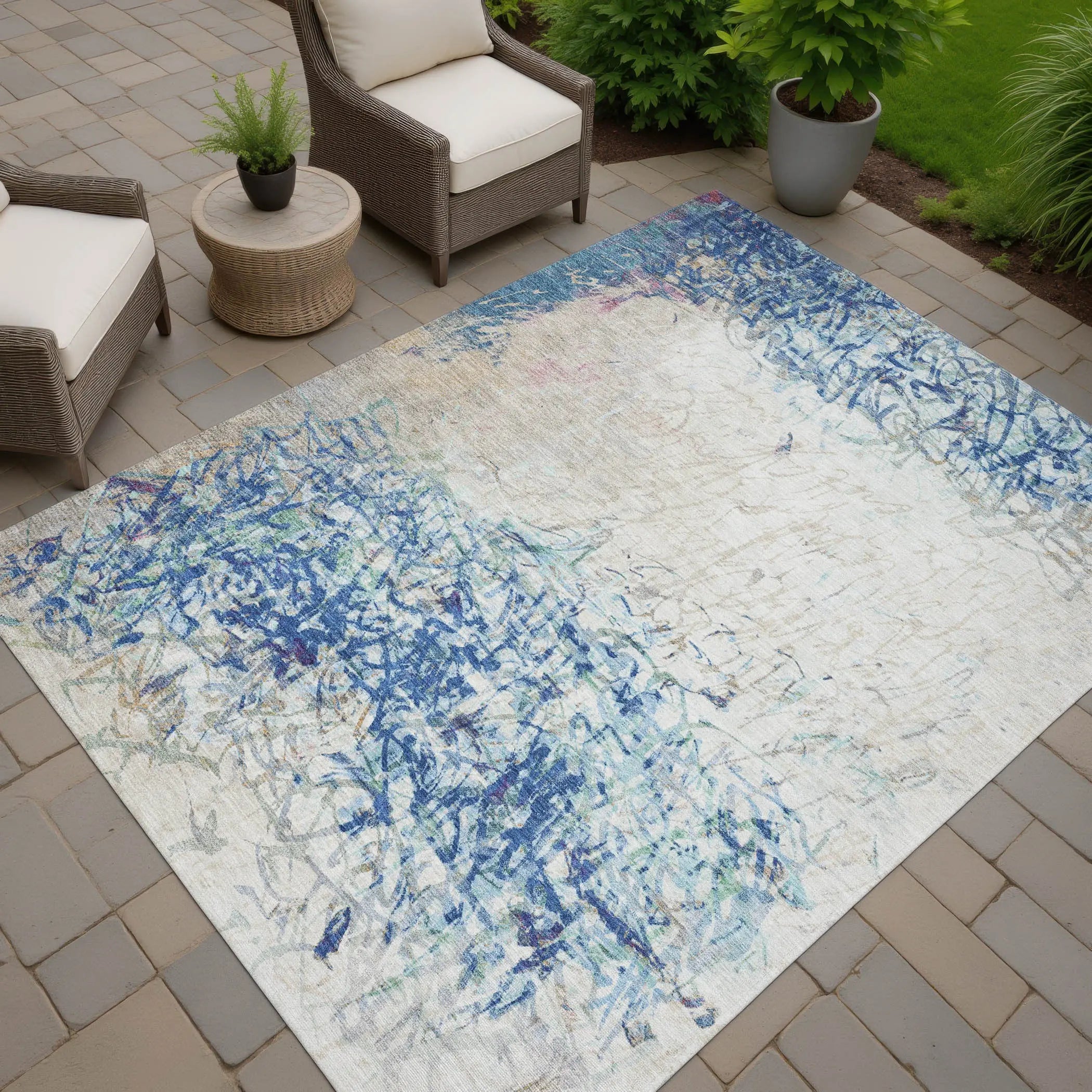 3' X 5' Navy Blue And Beige Abstract Washable Indoor Outdoor Area Rug Homeroots Outdoor