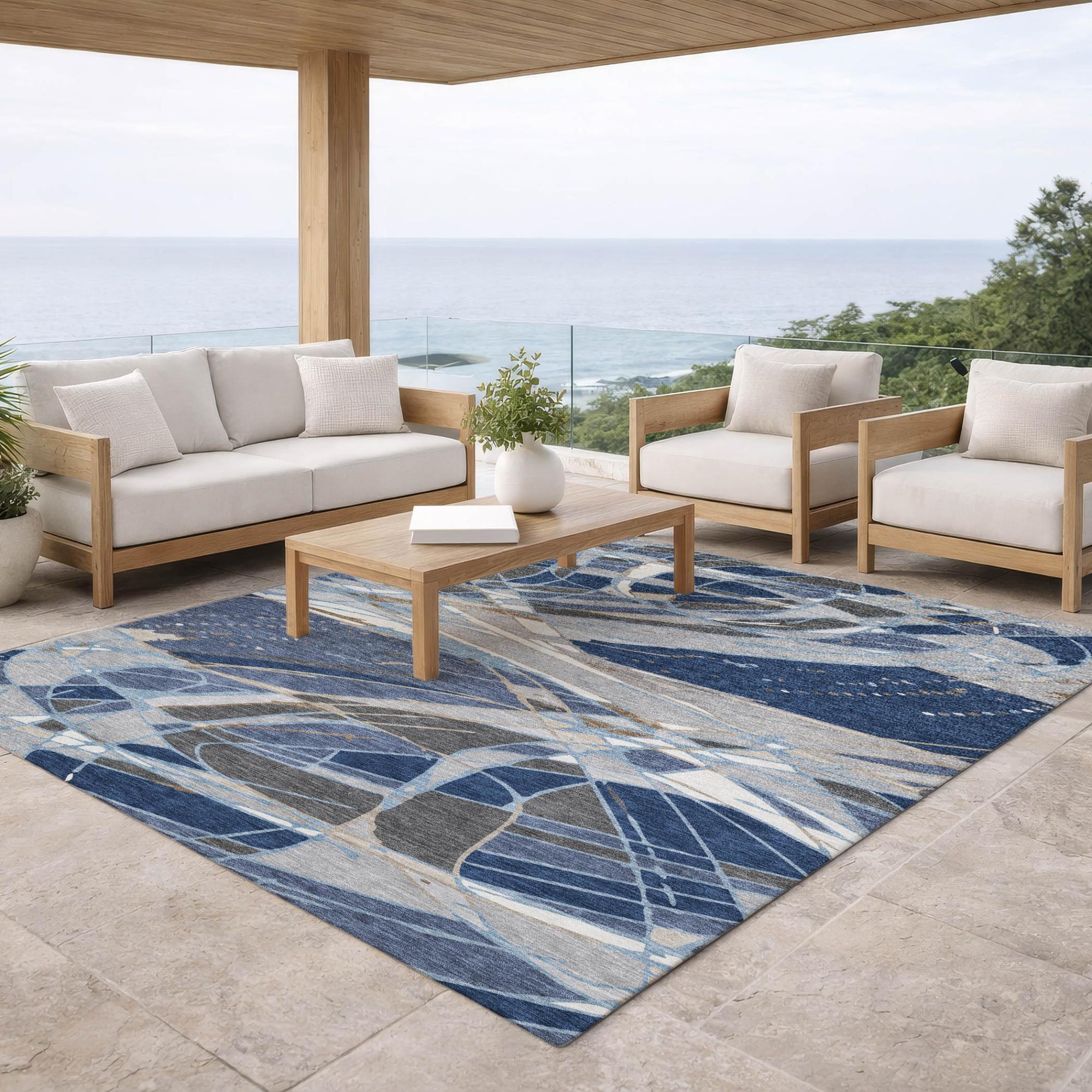 3' X 5' Navy Blue And Blue Abstract Washable Indoor Outdoor Area Rug Homeroots Outdoor