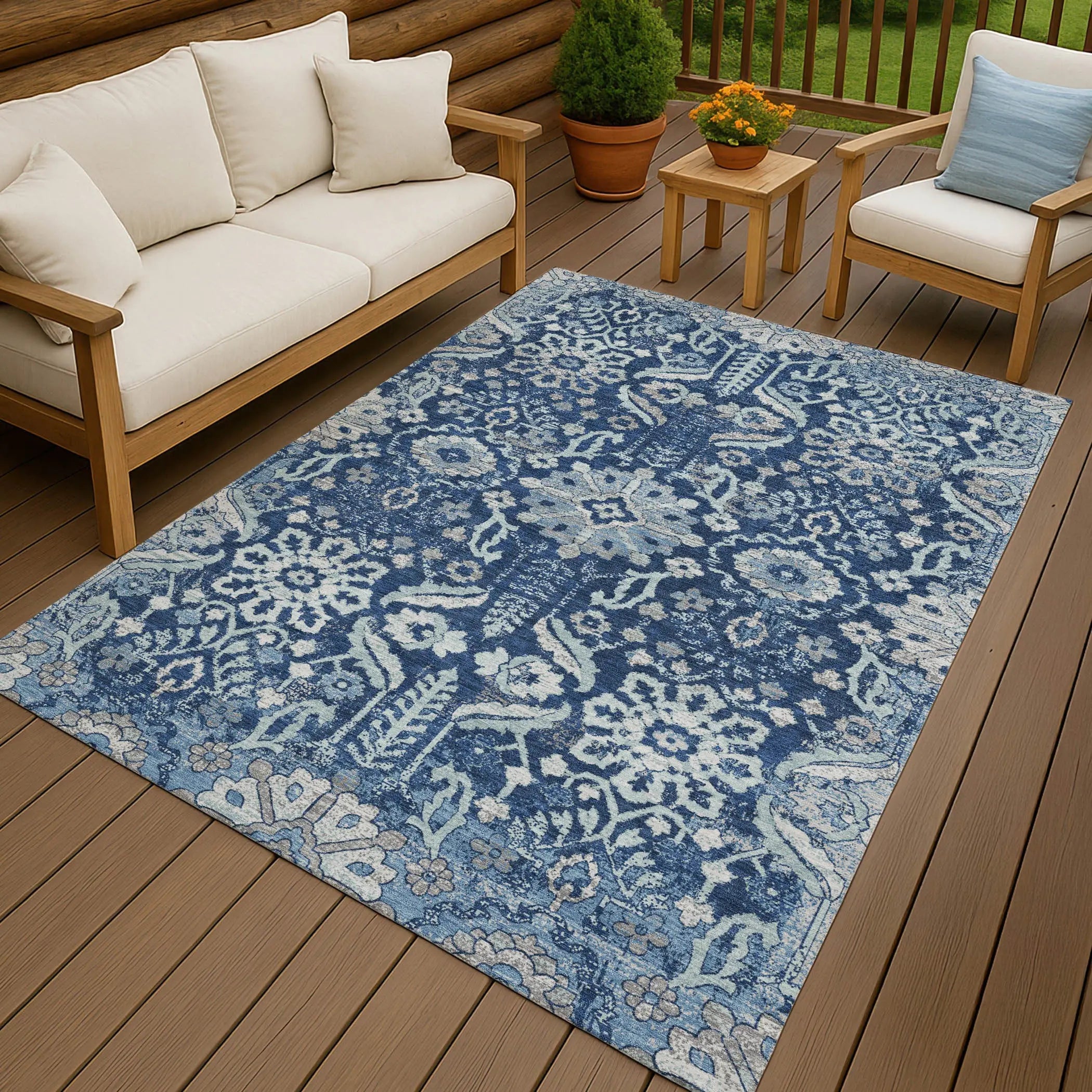 3' X 5' Navy Blue And Blue Damask Washable Indoor Outdoor Area Rug Homeroots Outdoor