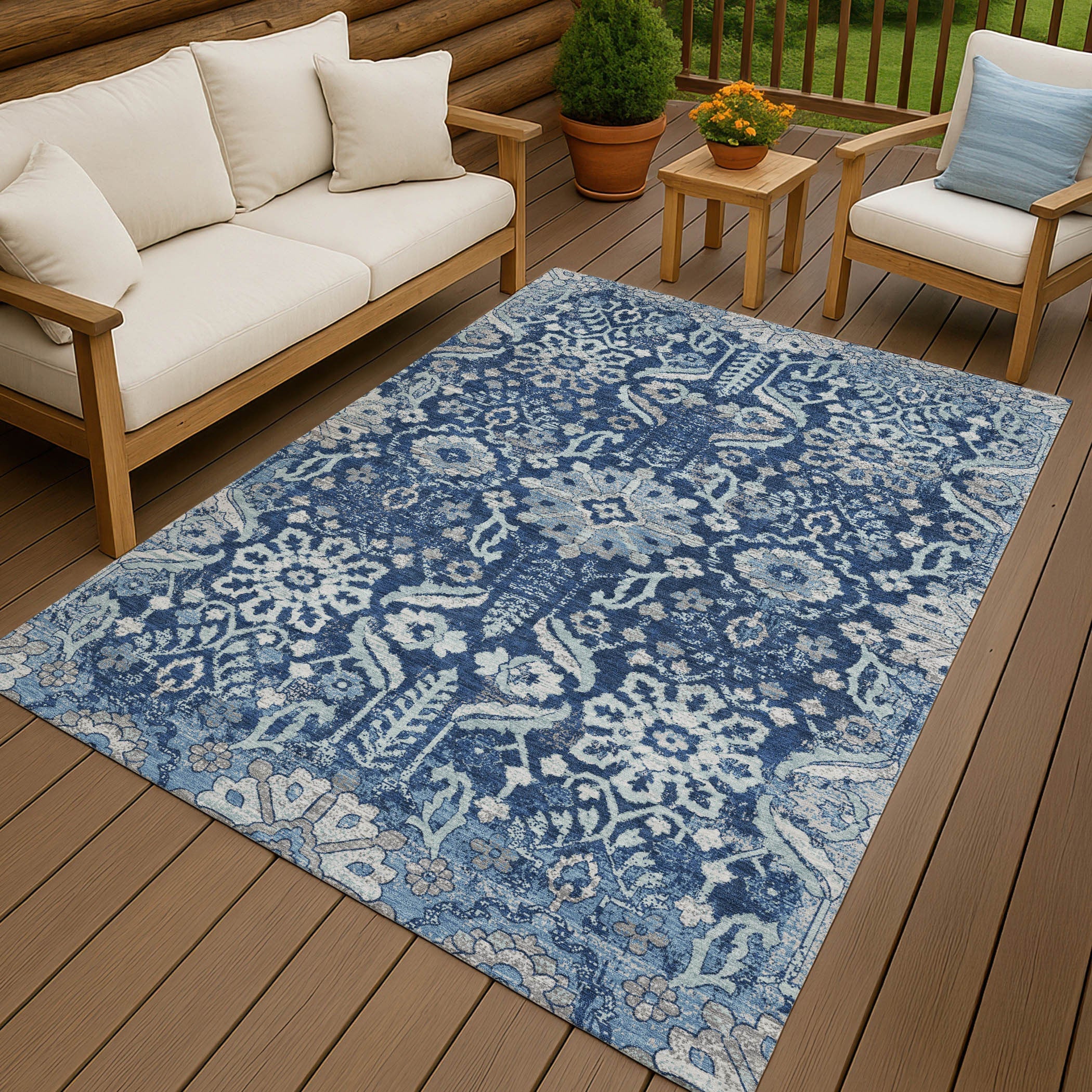3' X 5' Navy Blue And Blue Damask Washable Indoor Outdoor Area Rug Homeroots Outdoor