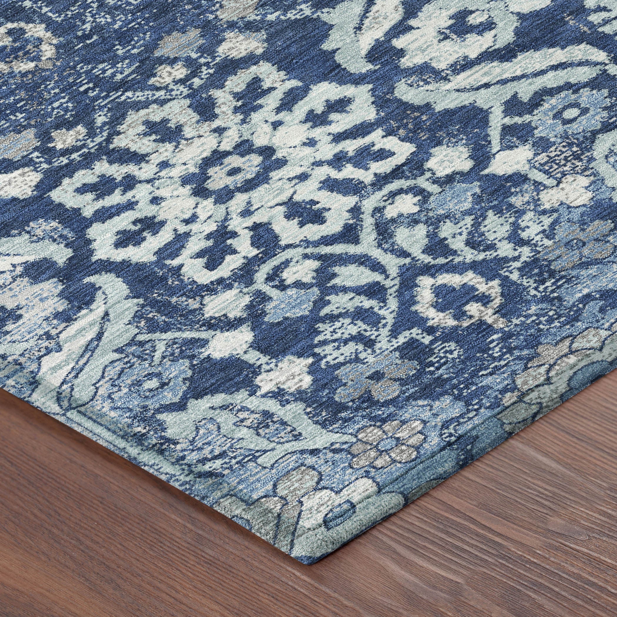 3' X 5' Navy Blue And Blue Damask Washable Indoor Outdoor Area Rug Homeroots Outdoor
