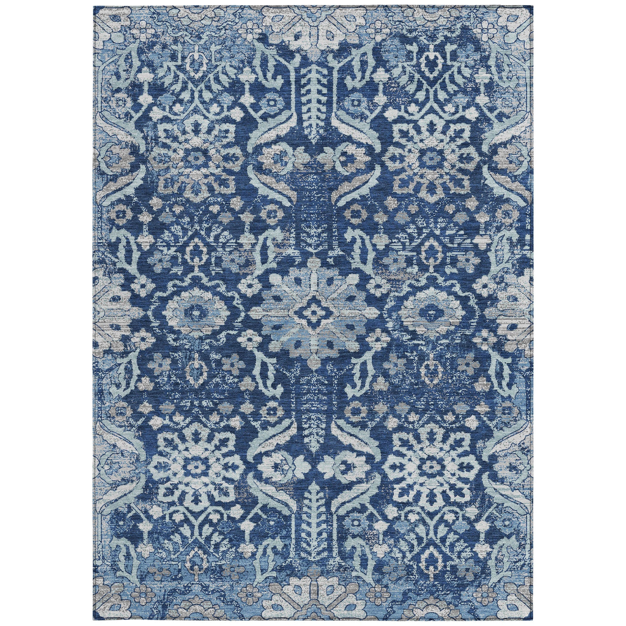 3' X 5' Navy Blue And Blue Damask Washable Indoor Outdoor Area Rug Homeroots Outdoor