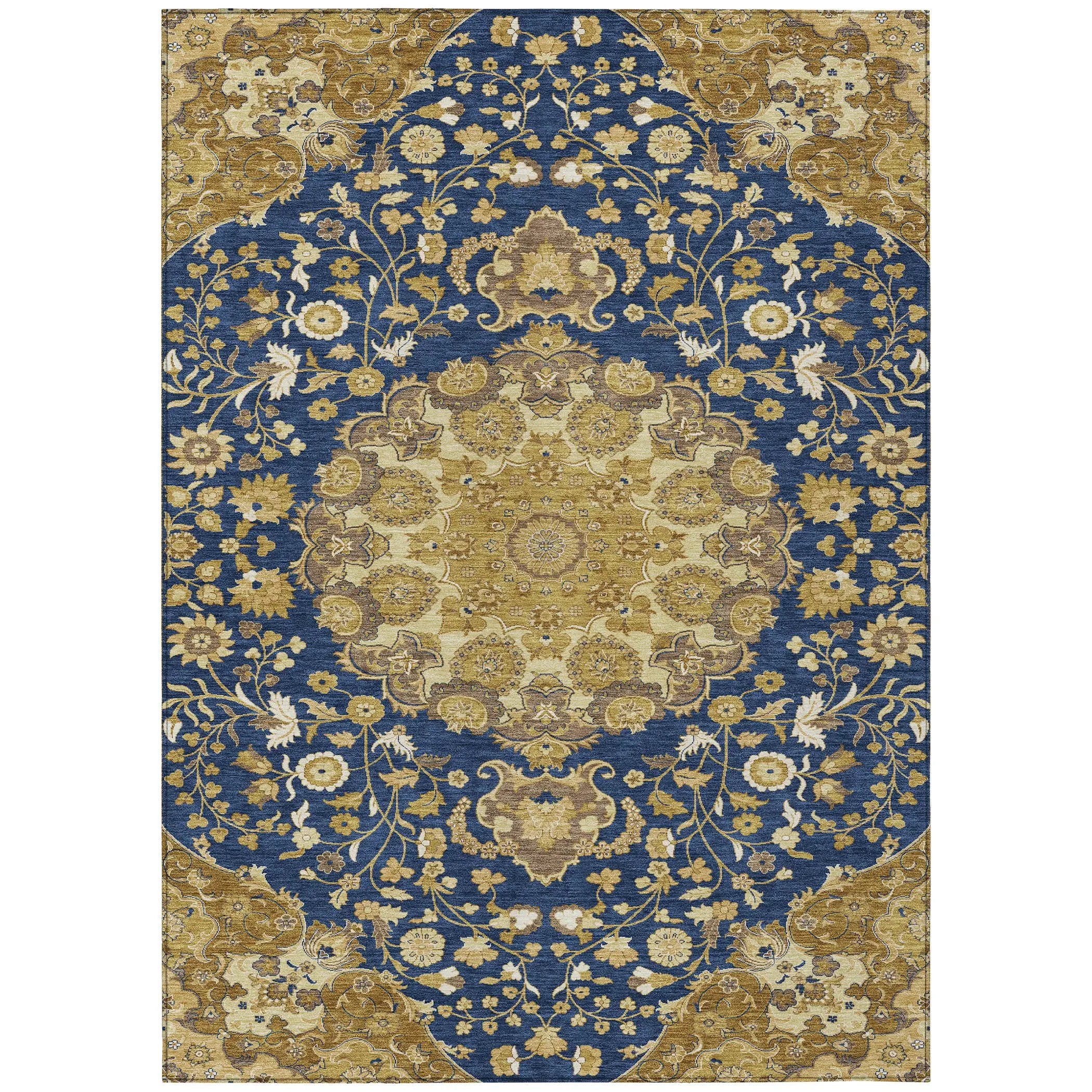 3' X 5' Navy Blue And Blue Damask Washable Indoor Outdoor Area Rug Homeroots Outdoor