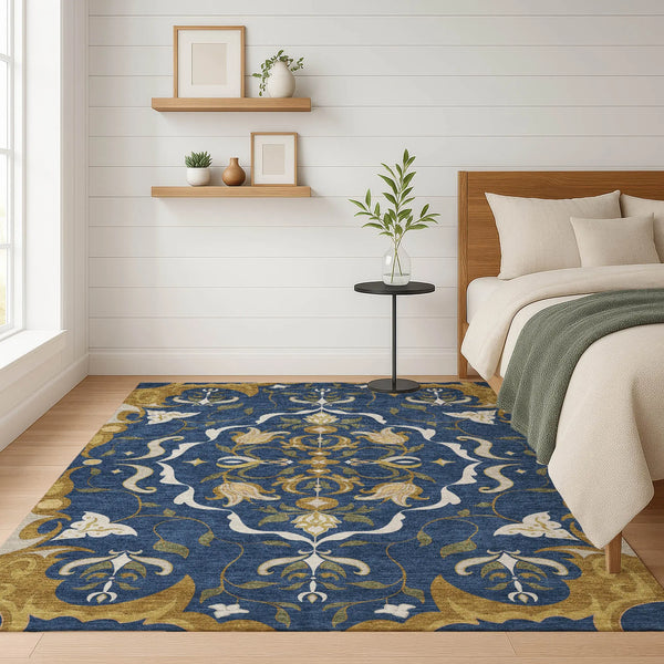 3' X 5' Navy Blue And Blue Damask Washable Indoor Outdoor Area Rug Homeroots Outdoor