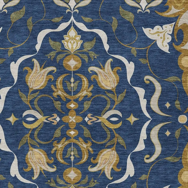 3' X 5' Navy Blue And Blue Damask Washable Indoor Outdoor Area Rug Homeroots Outdoor