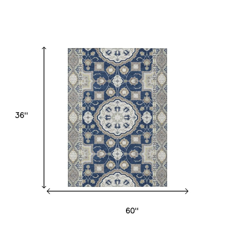 3' X 5' Navy Blue And Blue Floral Medallion Washable Indoor Outdoor Area Rug Homeroots Outdoor