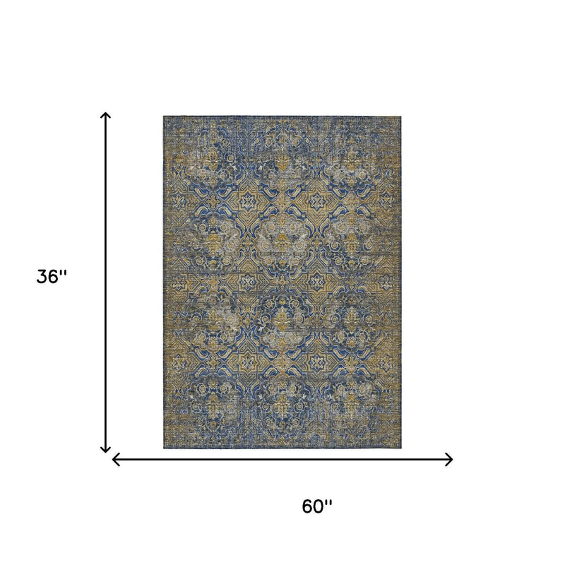 3' X 5' Navy Blue And Blue Floral Washable Indoor Outdoor Area Rug Homeroots Outdoor