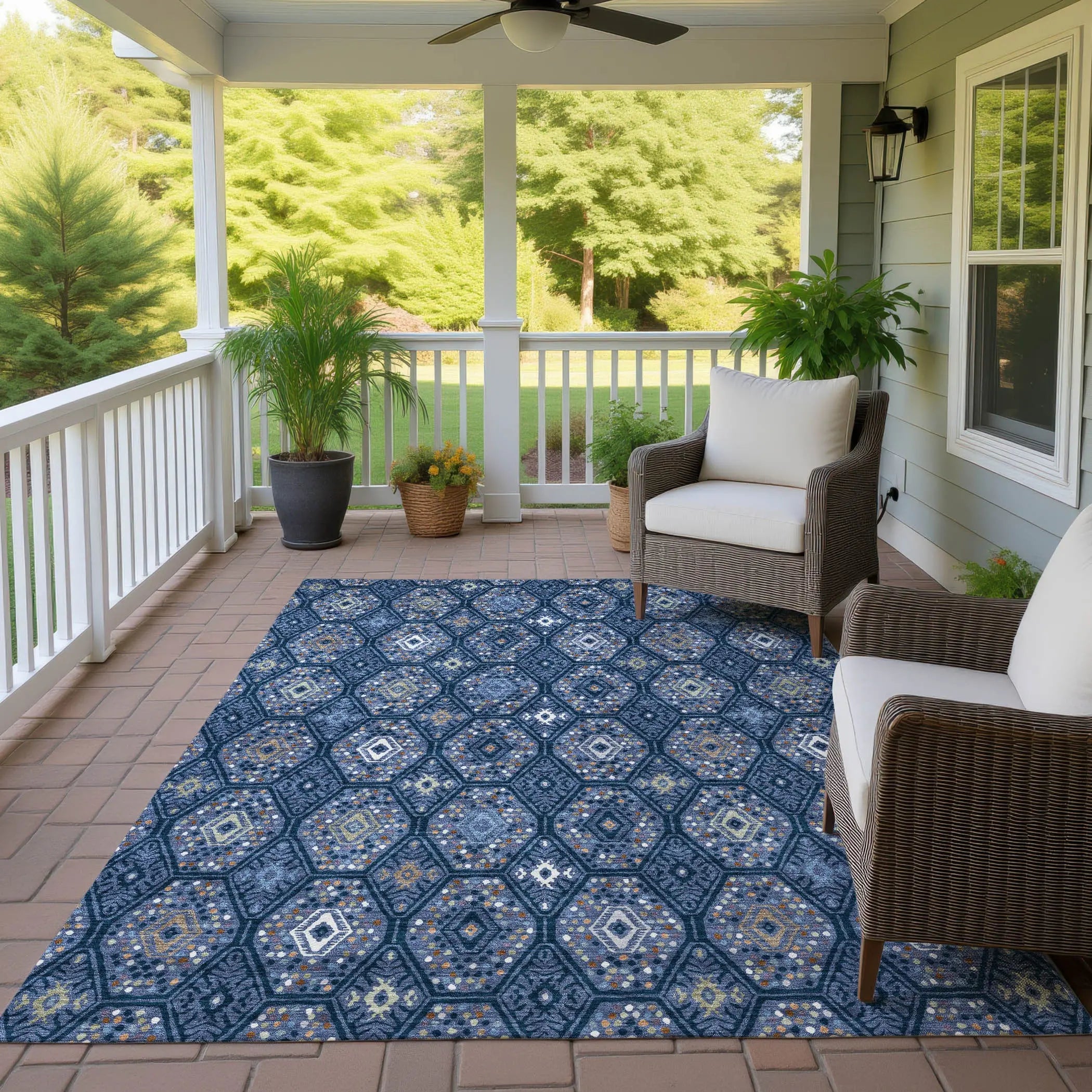 3' X 5' Navy Blue And Blue Geometric Washable Indoor Outdoor Area Rug Homeroots Outdoor