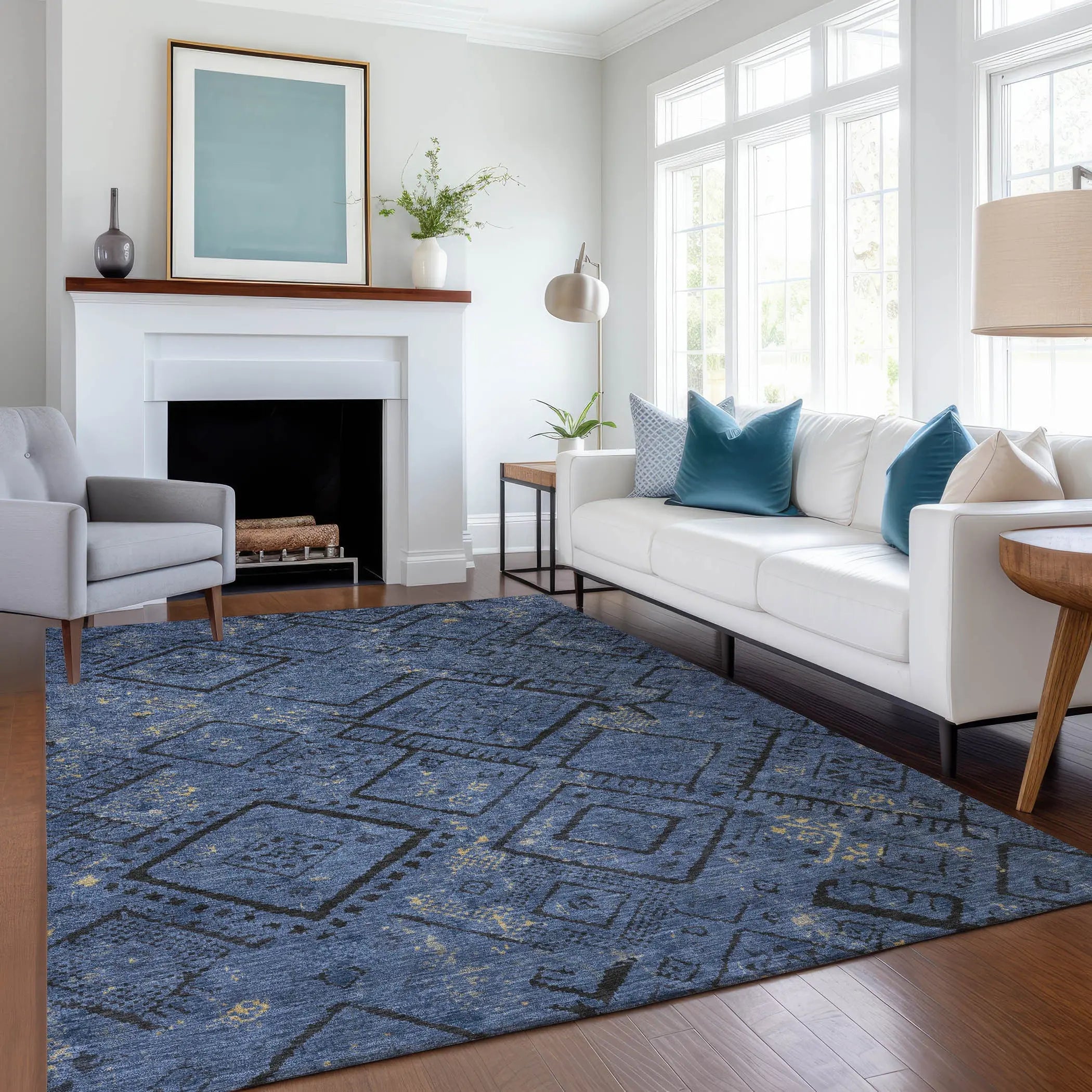 3' X 5' Navy Blue And Blue Geometric Washable Indoor Outdoor Area Rug Homeroots Outdoor