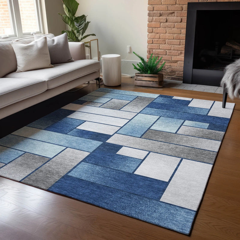 3' X 5' Navy Blue And Blue Geometric Washable Indoor Outdoor Area Rug Homeroots Outdoor