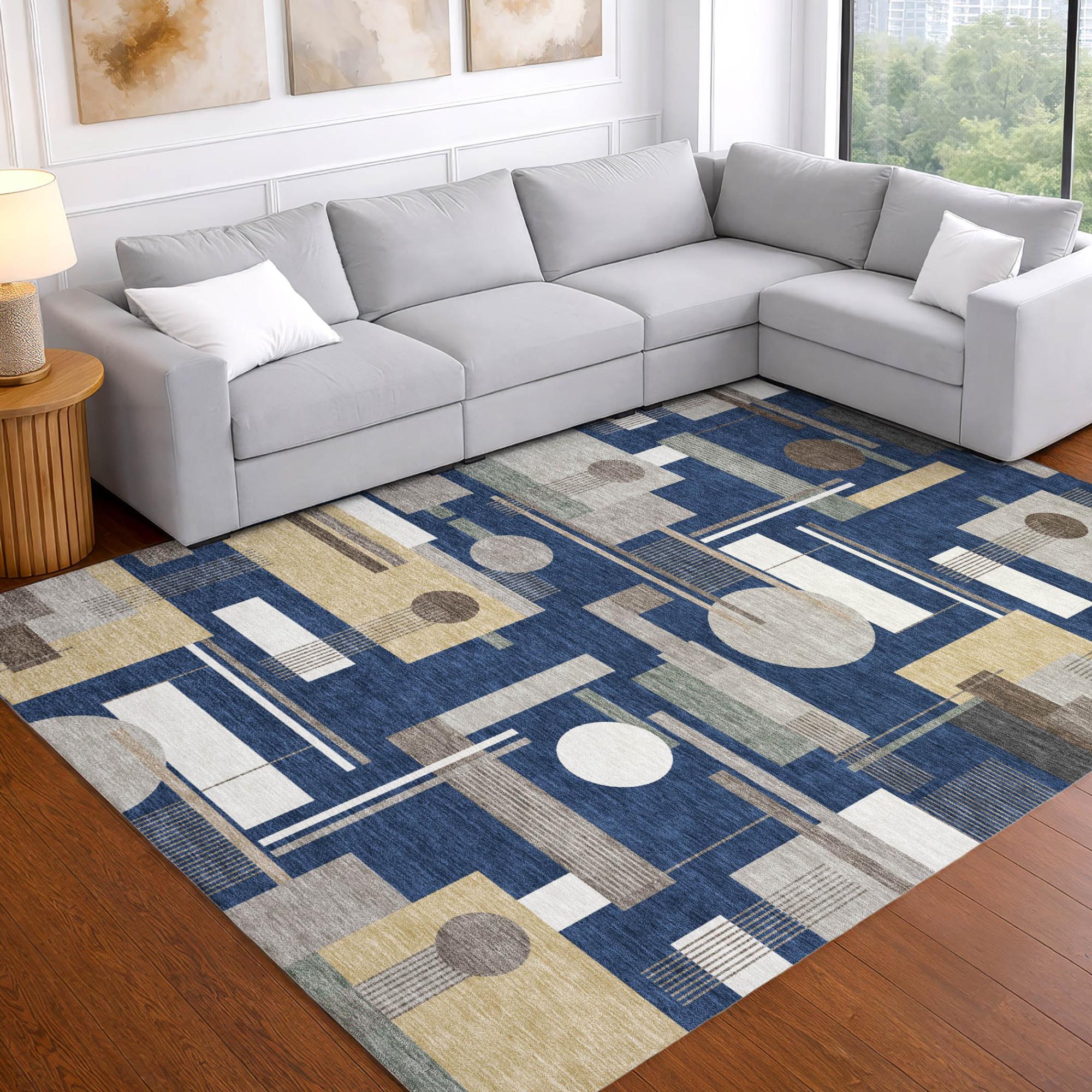 3' X 5' Navy Blue And Blue Geometric Washable Indoor Outdoor Area Rug Homeroots Outdoor