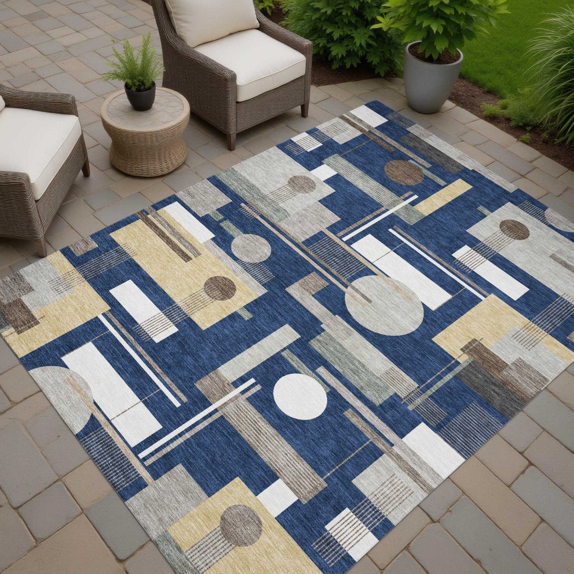 3' X 5' Navy Blue And Blue Geometric Washable Indoor Outdoor Area Rug Homeroots Outdoor