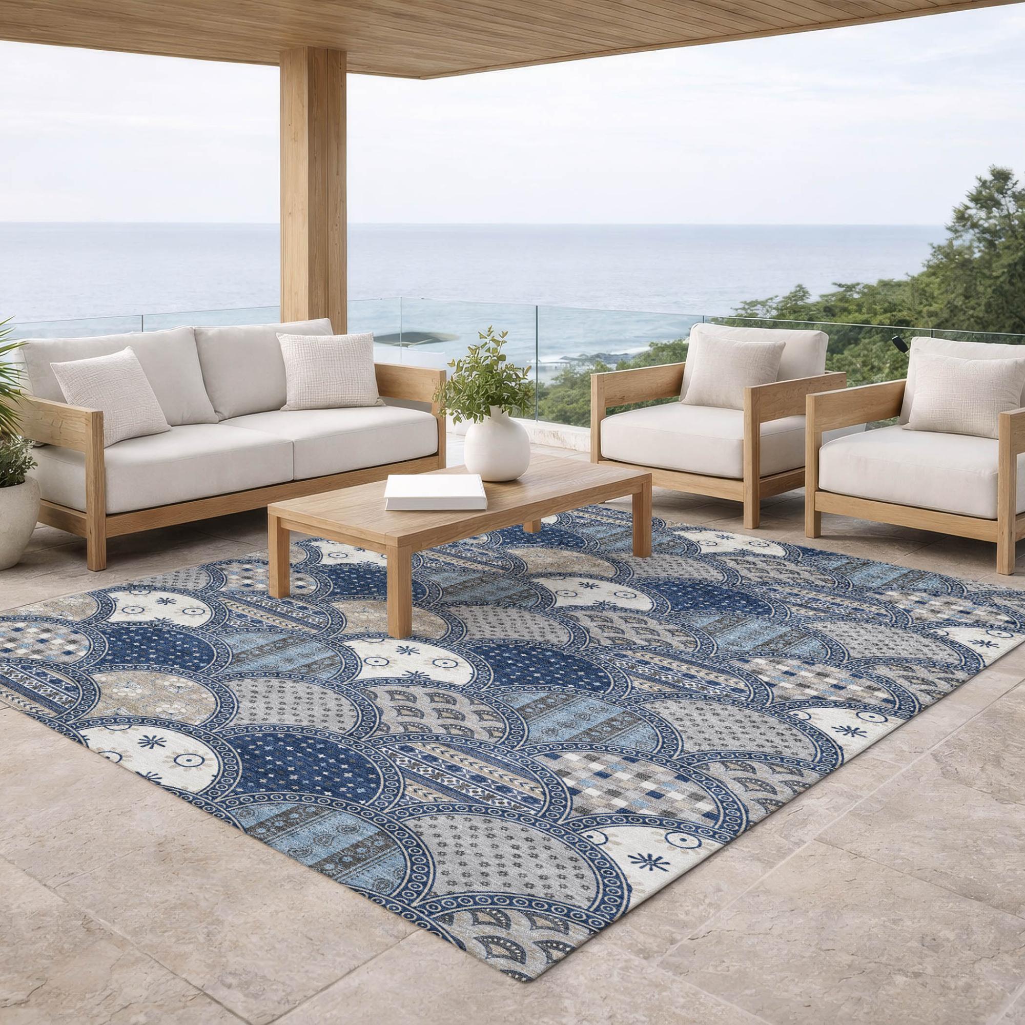3' X 5' Navy Blue And Blue Geometric Washable Indoor Outdoor Area Rug Homeroots Outdoor