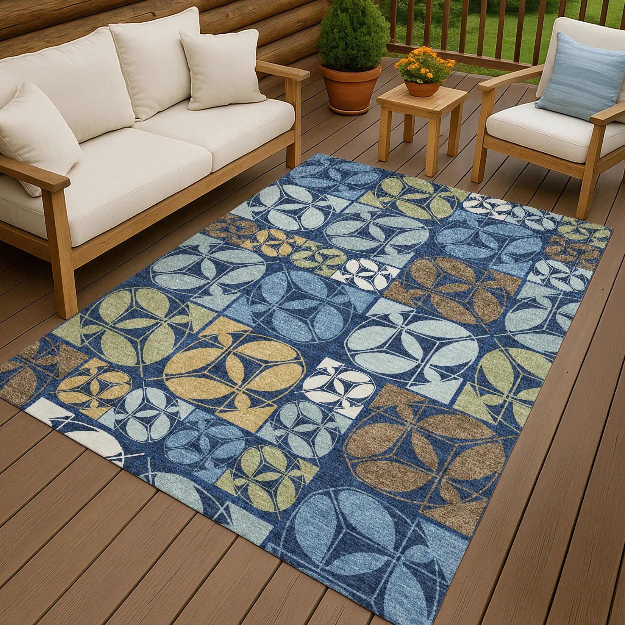3' X 5' Navy Blue And Blue Geometric Washable Indoor Outdoor Area Rug Homeroots Outdoor