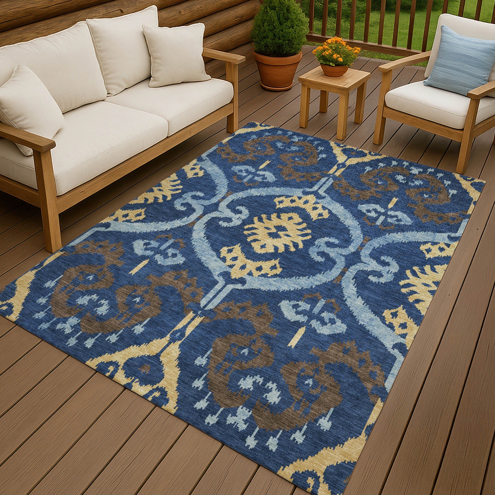 3' X 5' Navy Blue And Blue Ikat Washable Indoor Outdoor Area Rug Homeroots Outdoor