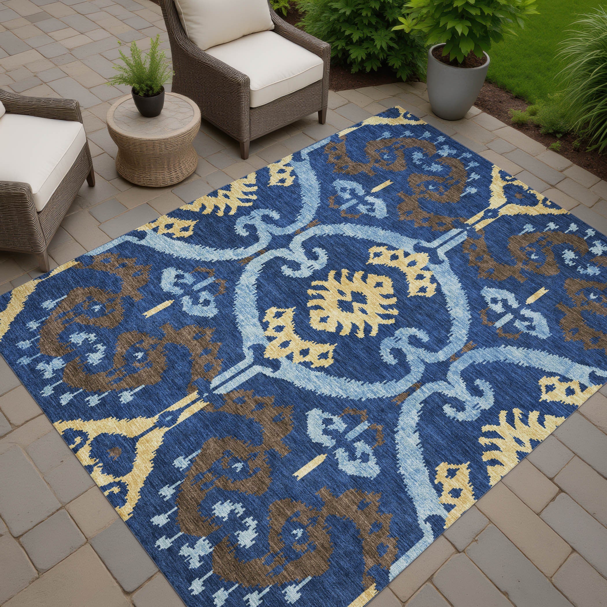 3' X 5' Navy Blue And Blue Ikat Washable Indoor Outdoor Area Rug Homeroots Outdoor