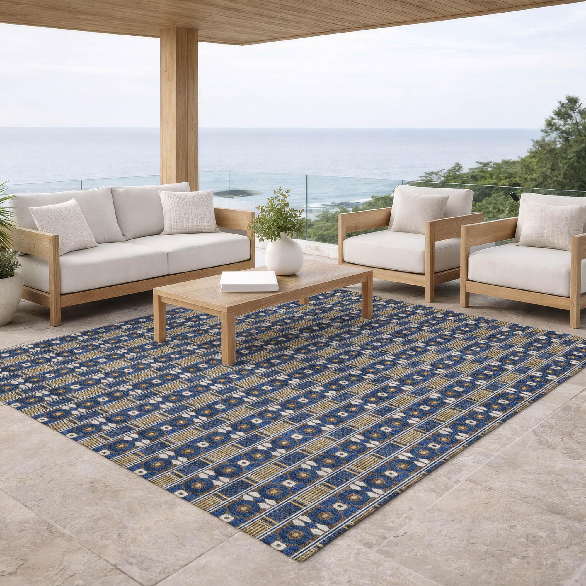 3' X 5' Navy Blue And Blue Striped Washable Indoor Outdoor Area Rug Homeroots Outdoor