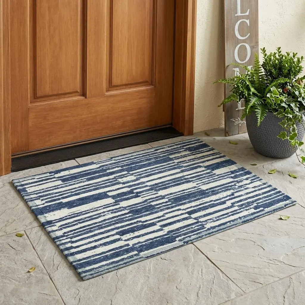 3' X 5' Navy Blue And Blue Striped Washable Indoor Outdoor Area Rug Homeroots Outdoor
