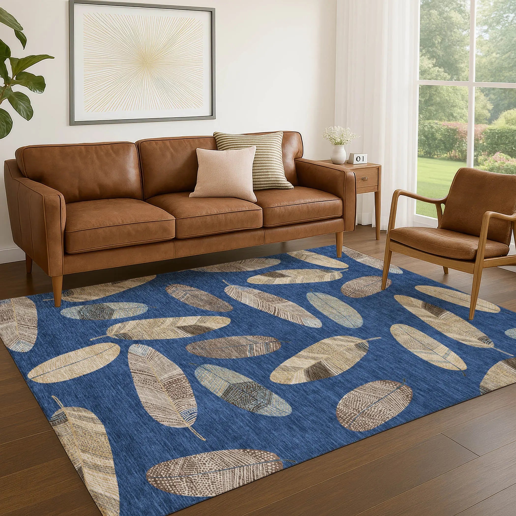 3' X 5' Navy Blue And Brown Botanical Leaves Washable Indoor Outdoor Area Rug Homeroots Outdoor