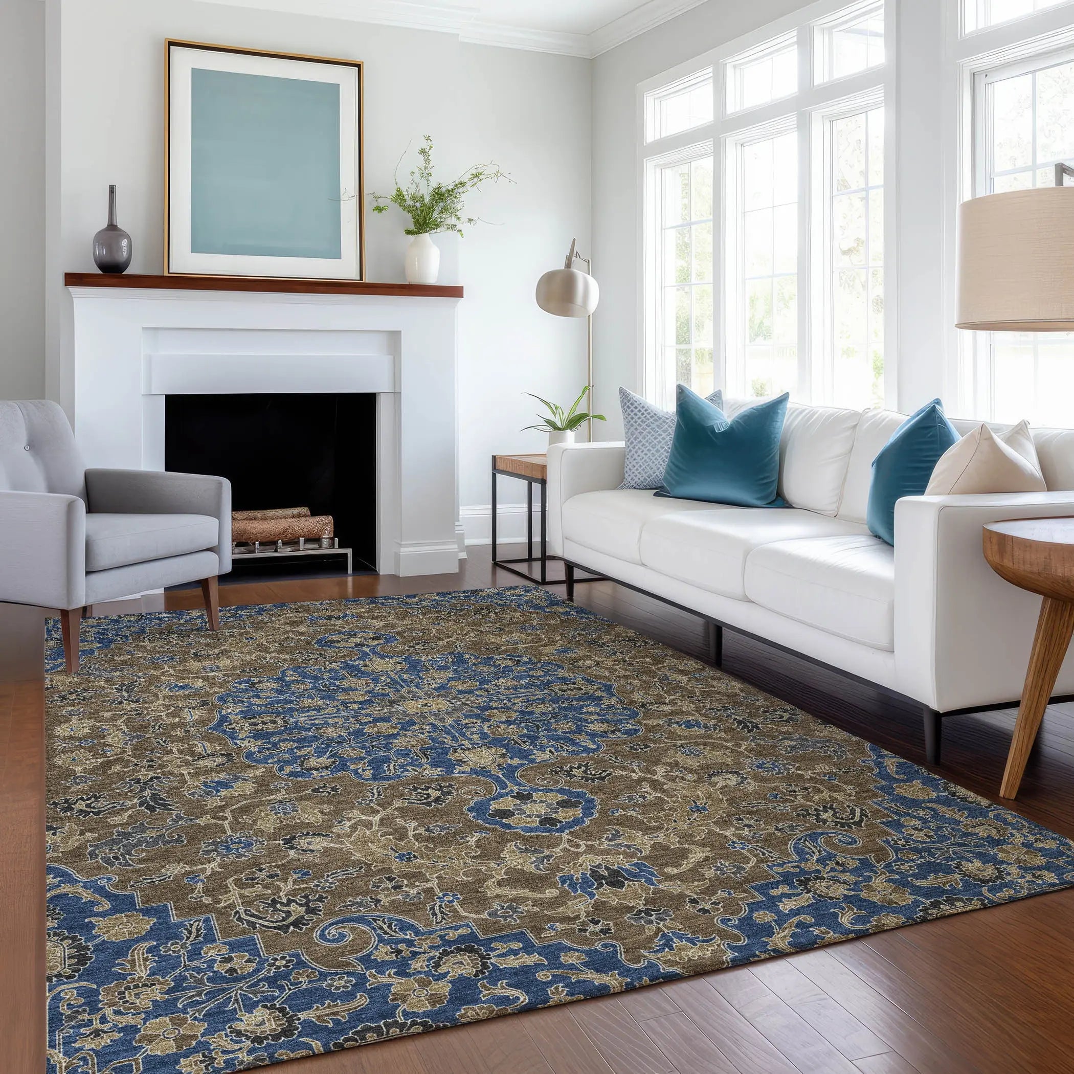 3' X 5' Navy Blue And Brown Floral Medallion Washable Indoor Outdoor Area Rug Homeroots Outdoor