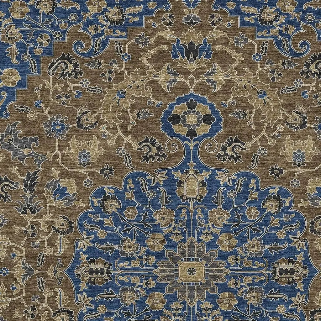 3' X 5' Navy Blue And Brown Floral Medallion Washable Indoor Outdoor Area Rug Homeroots Outdoor