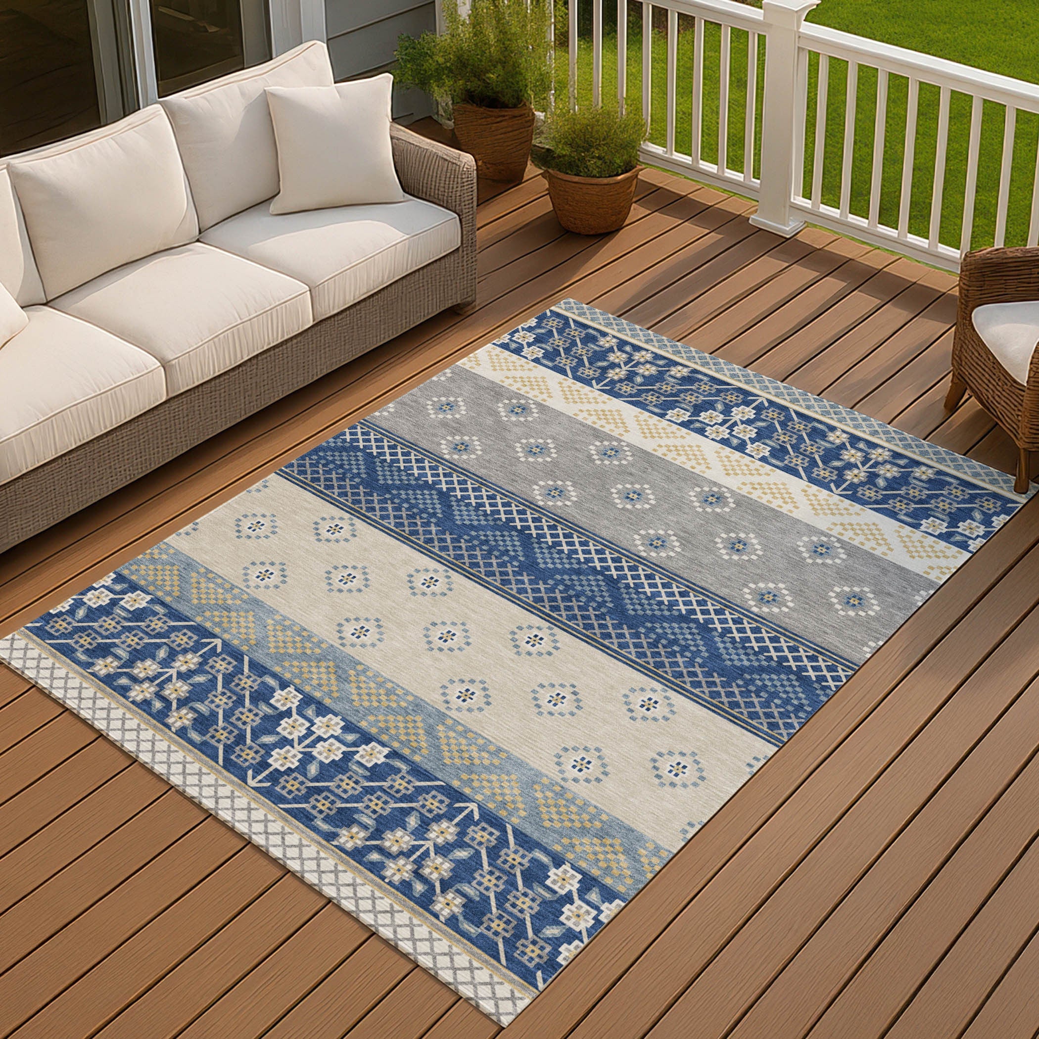 3' X 5' Navy Blue And Copper Striped Washable Indoor Outdoor Area Rug Homeroots Outdoor