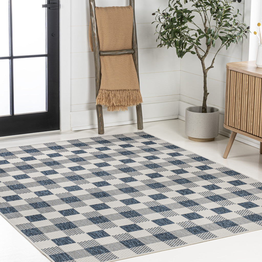 3' X 5' Navy Blue And Cream Geometric Indoor Outdoor Area Rug - GreatEagleInc