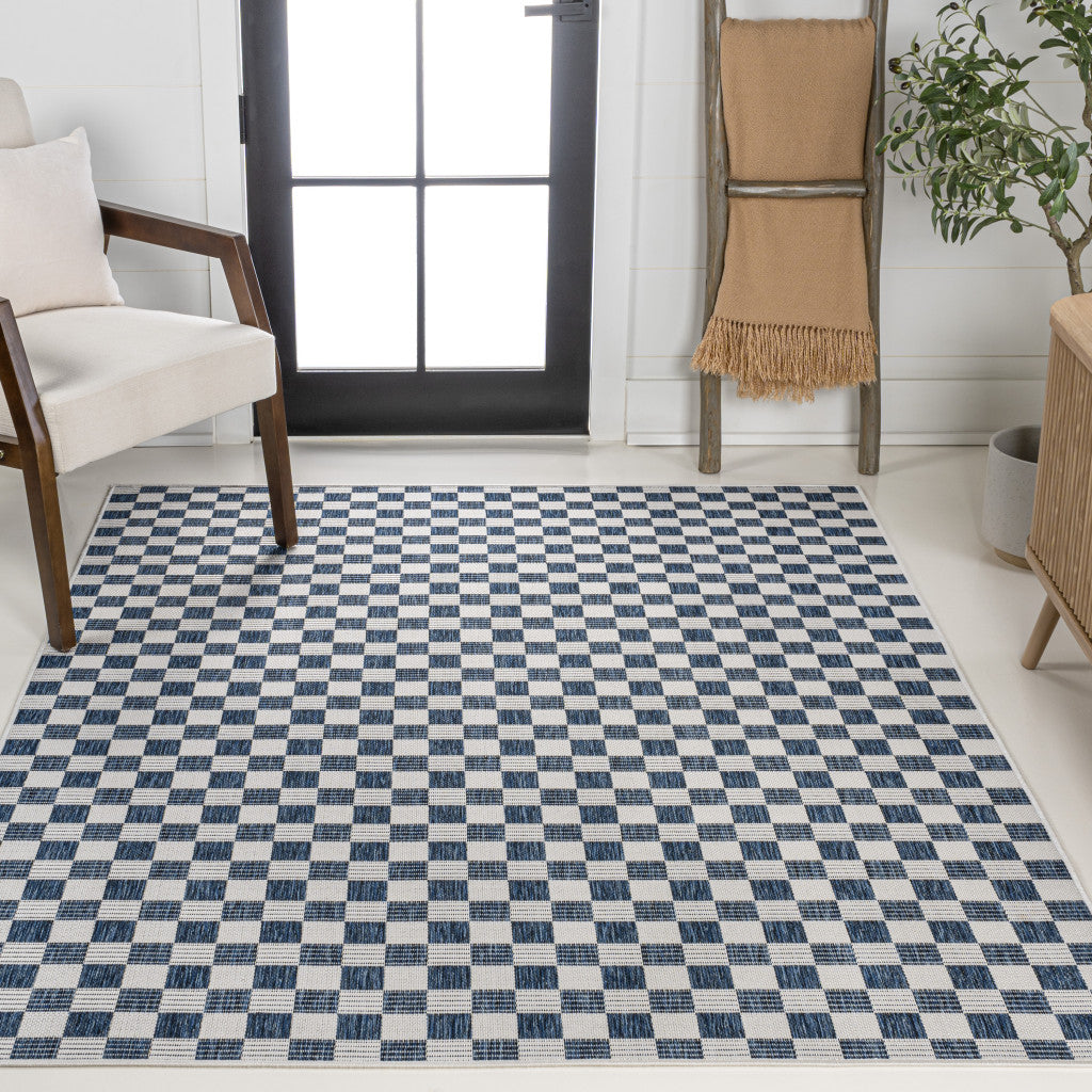 3' X 5' Navy Blue And Cream Geometric Indoor Outdoor Area Rug - GreatEagleInc