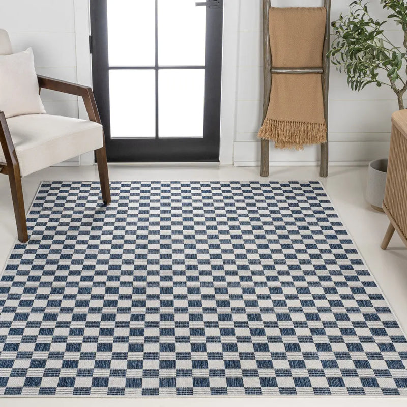 3' X 5' Navy Blue And Cream Geometric Indoor Outdoor Area Rug - GreatEagleInc