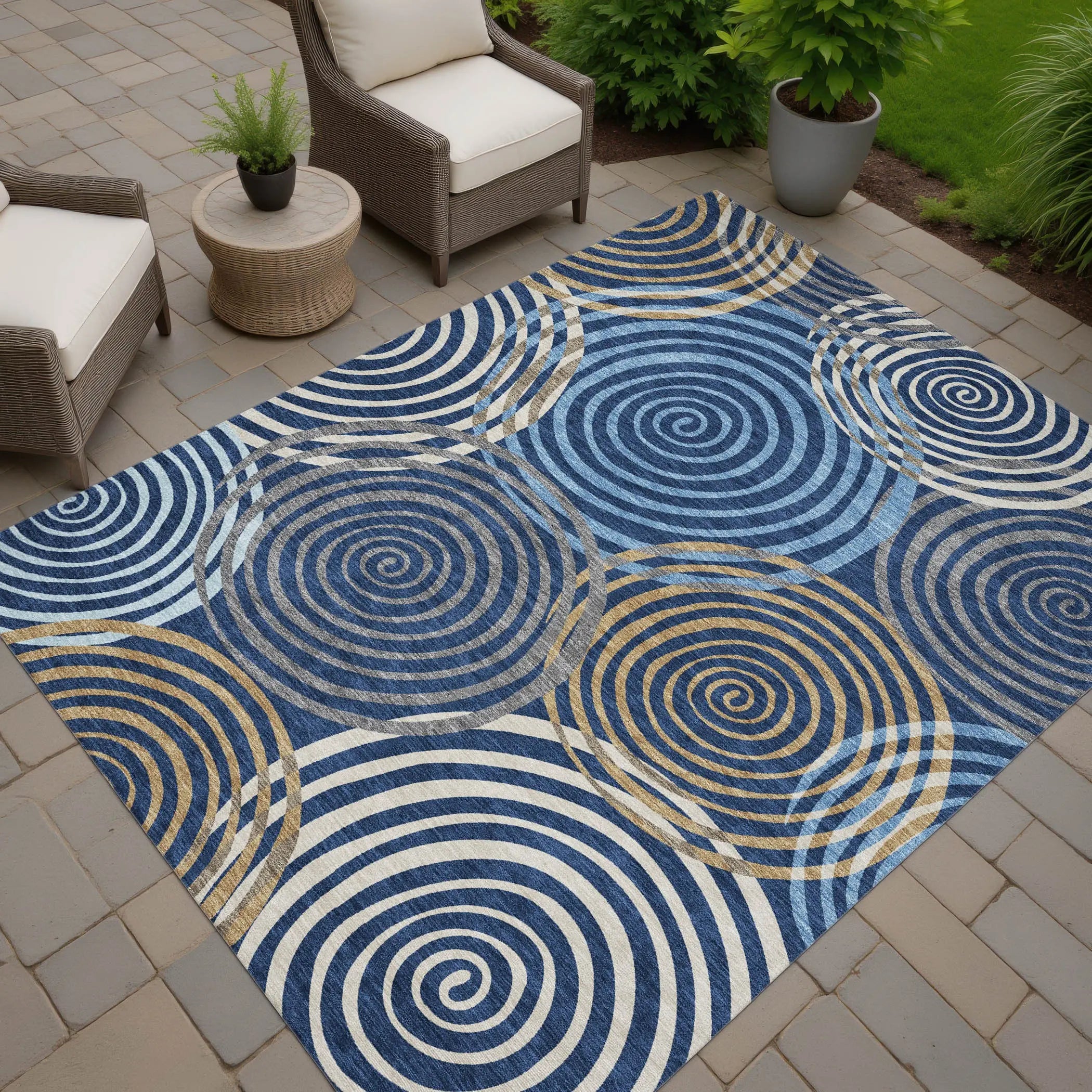 3' X 5' Navy Blue And Denim Blue Geometric Washable Indoor Outdoor Area Rug Homeroots Outdoor