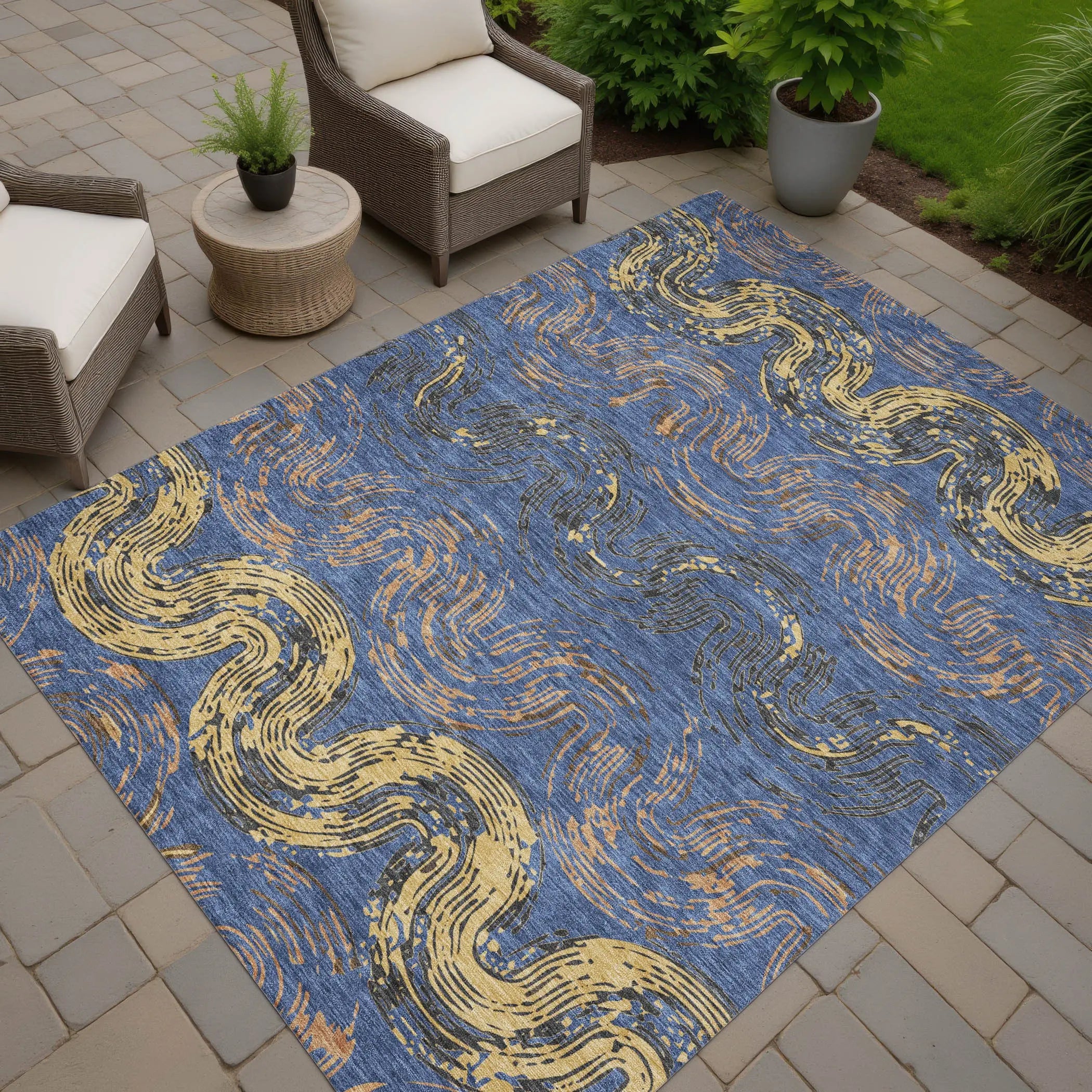 3' X 5' Navy Blue And Gold Abstract Washable Indoor Outdoor Area Rug Homeroots Outdoor