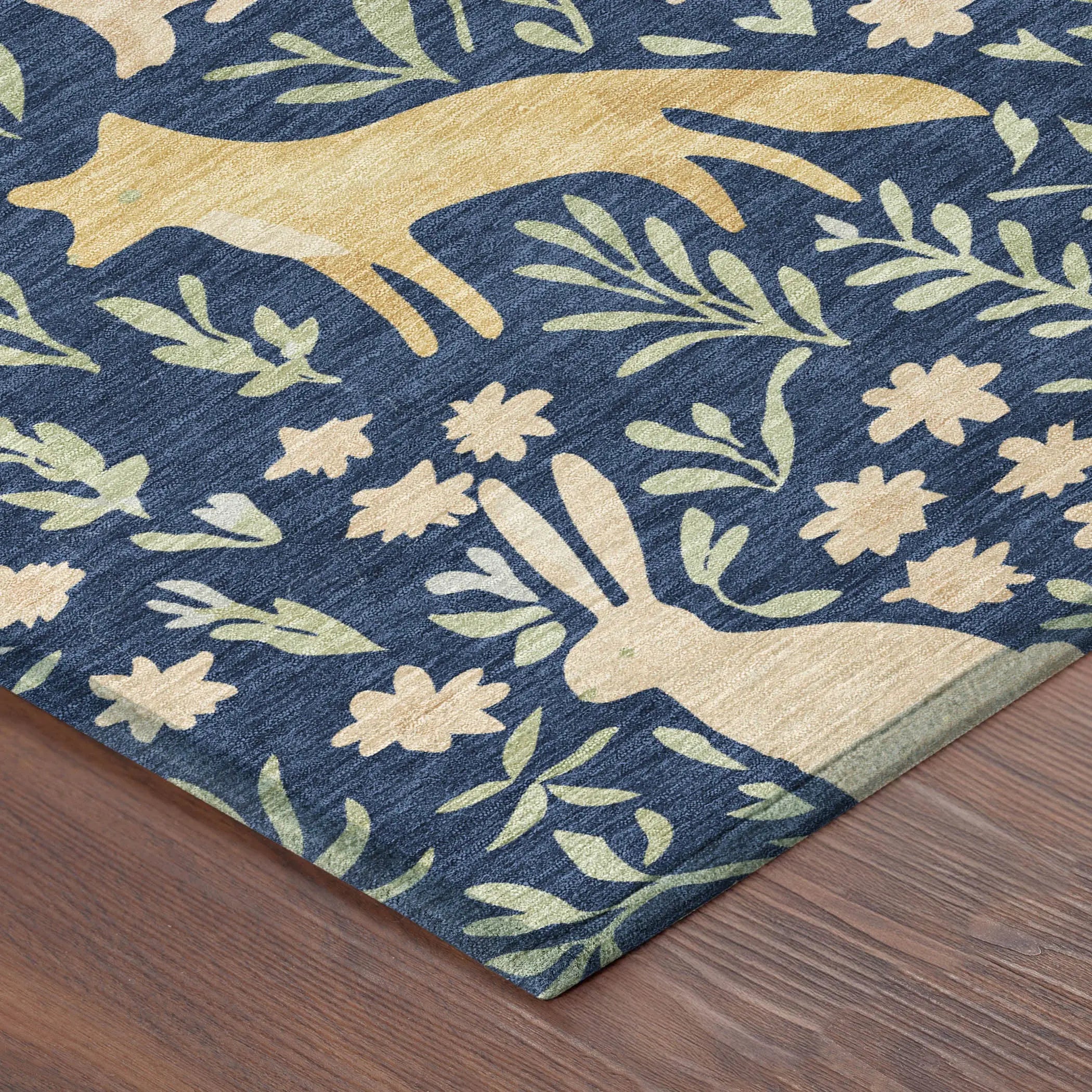 3' X 5' Navy Blue And Gold Botanical Leaves Washable Indoor Outdoor Area Rug Homeroots Outdoor