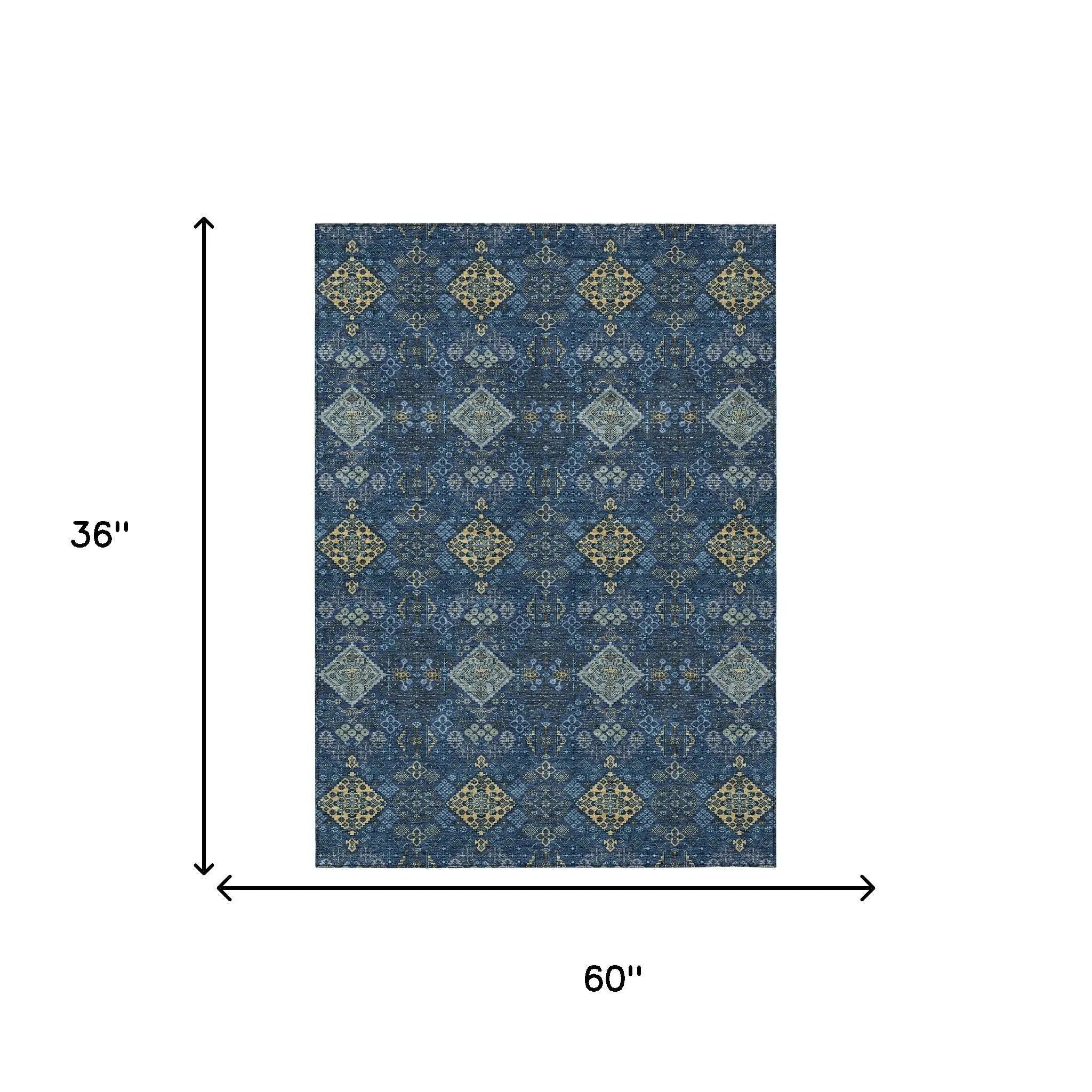 3' X 5' Navy Blue And Gold Geometric Washable Indoor Outdoor Area Rug Homeroots Outdoor
