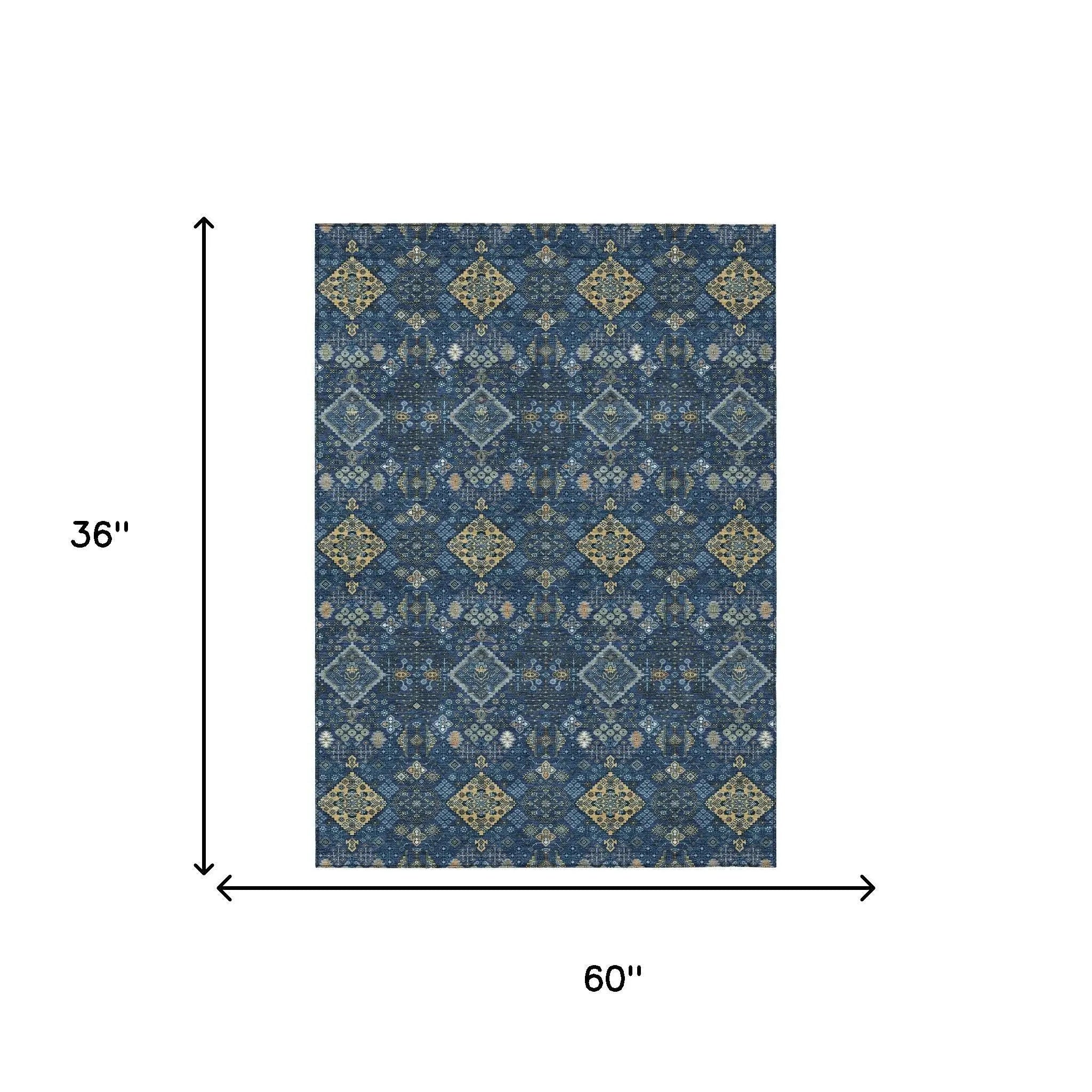 3' X 5' Navy Blue And Gold Geometric Washable Indoor Outdoor Area Rug Homeroots Outdoor