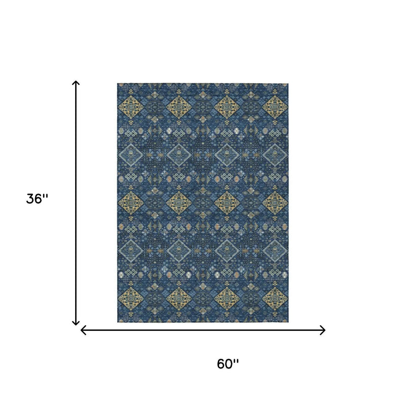 3' X 5' Navy Blue And Gold Geometric Washable Indoor Outdoor Area Rug Homeroots Outdoor
