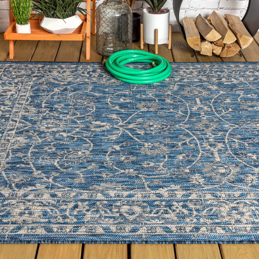 3' X 5' Navy Blue And Gray Medallion Indoor Outdoor Area Rug Homeroots Outdoor