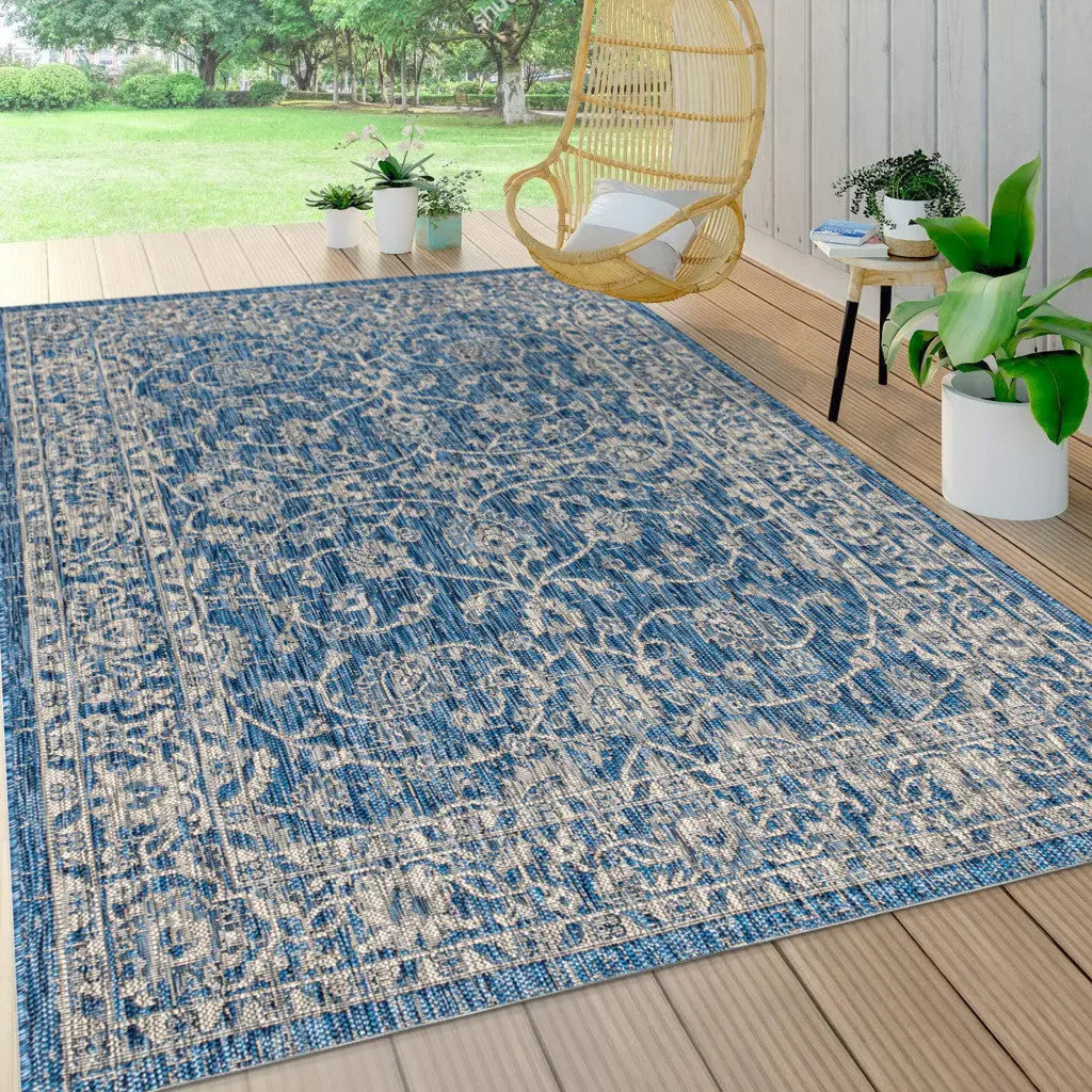 3' X 5' Navy Blue And Gray Medallion Indoor Outdoor Area Rug Homeroots Outdoor