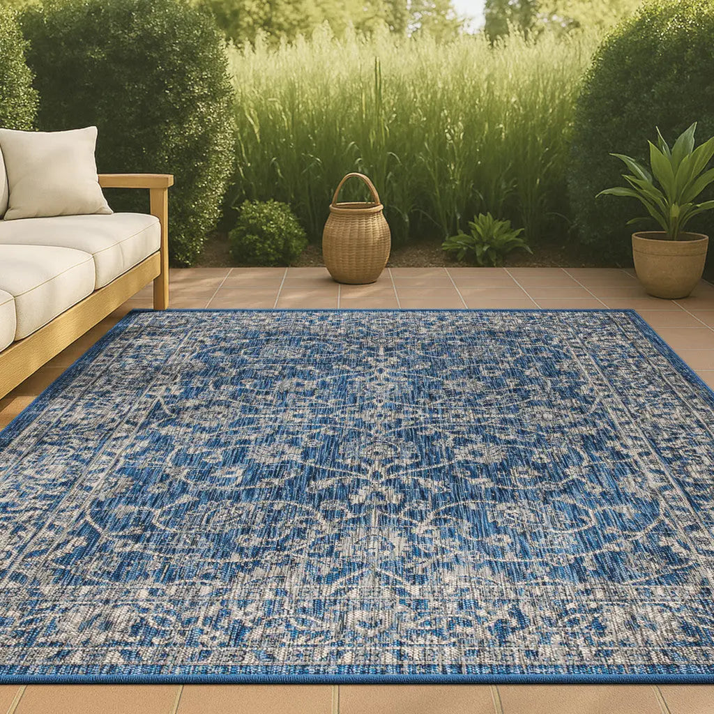 3' X 5' Navy Blue And Gray Medallion Indoor Outdoor Area Rug Homeroots Outdoor