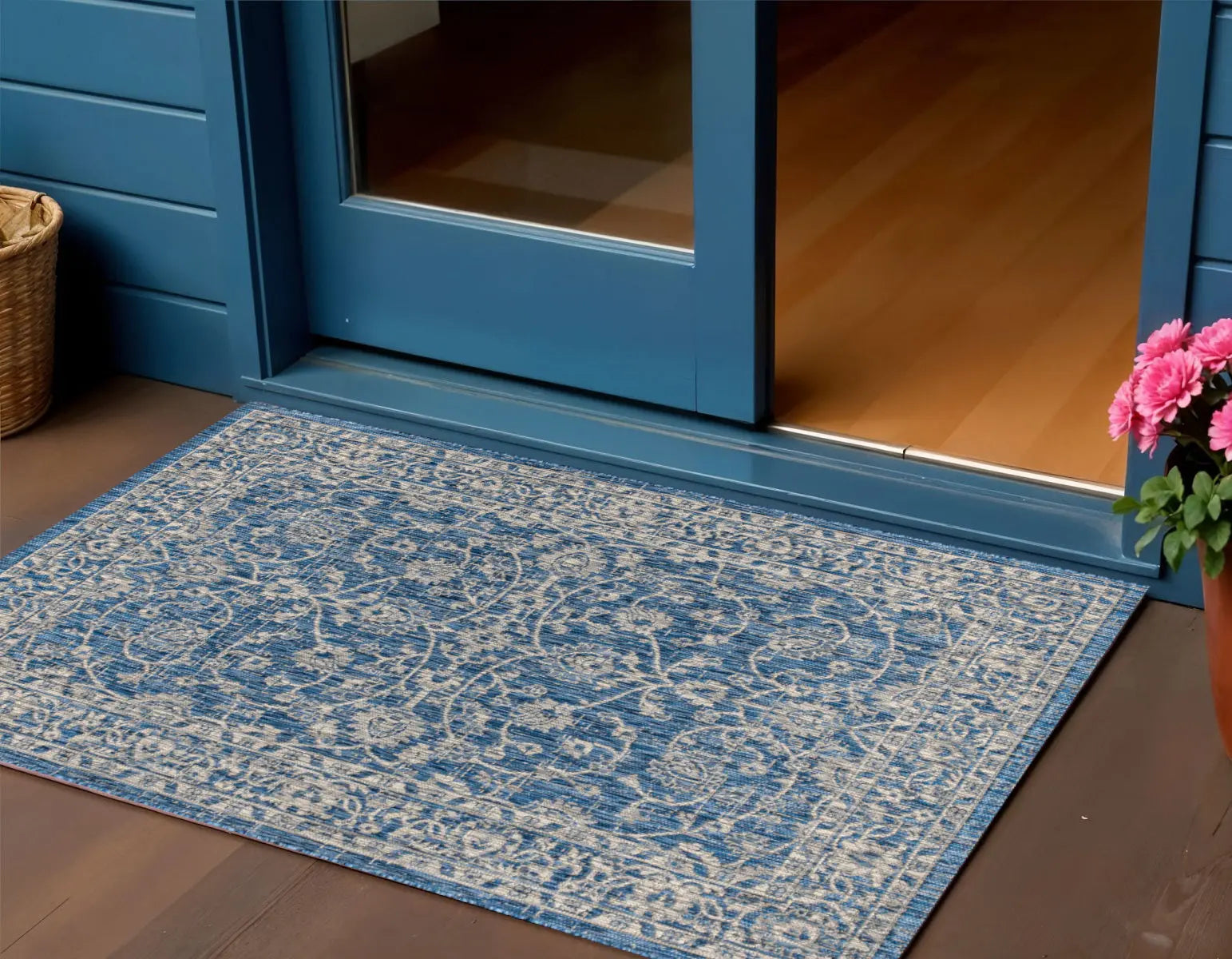 3' X 5' Navy Blue And Gray Medallion Indoor Outdoor Area Rug Homeroots Outdoor