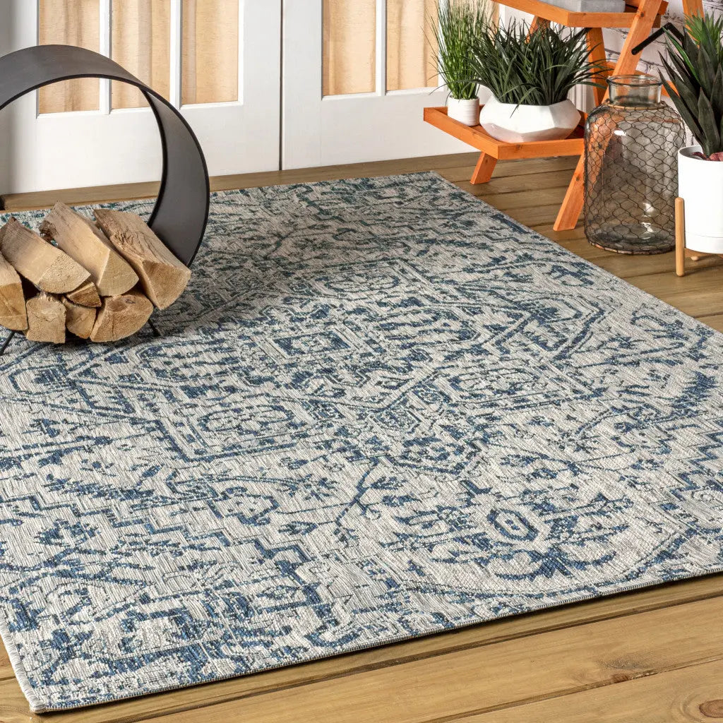 3' X 5' Navy Blue And Gray Medallion Indoor Outdoor Area Rug Homeroots Outdoor