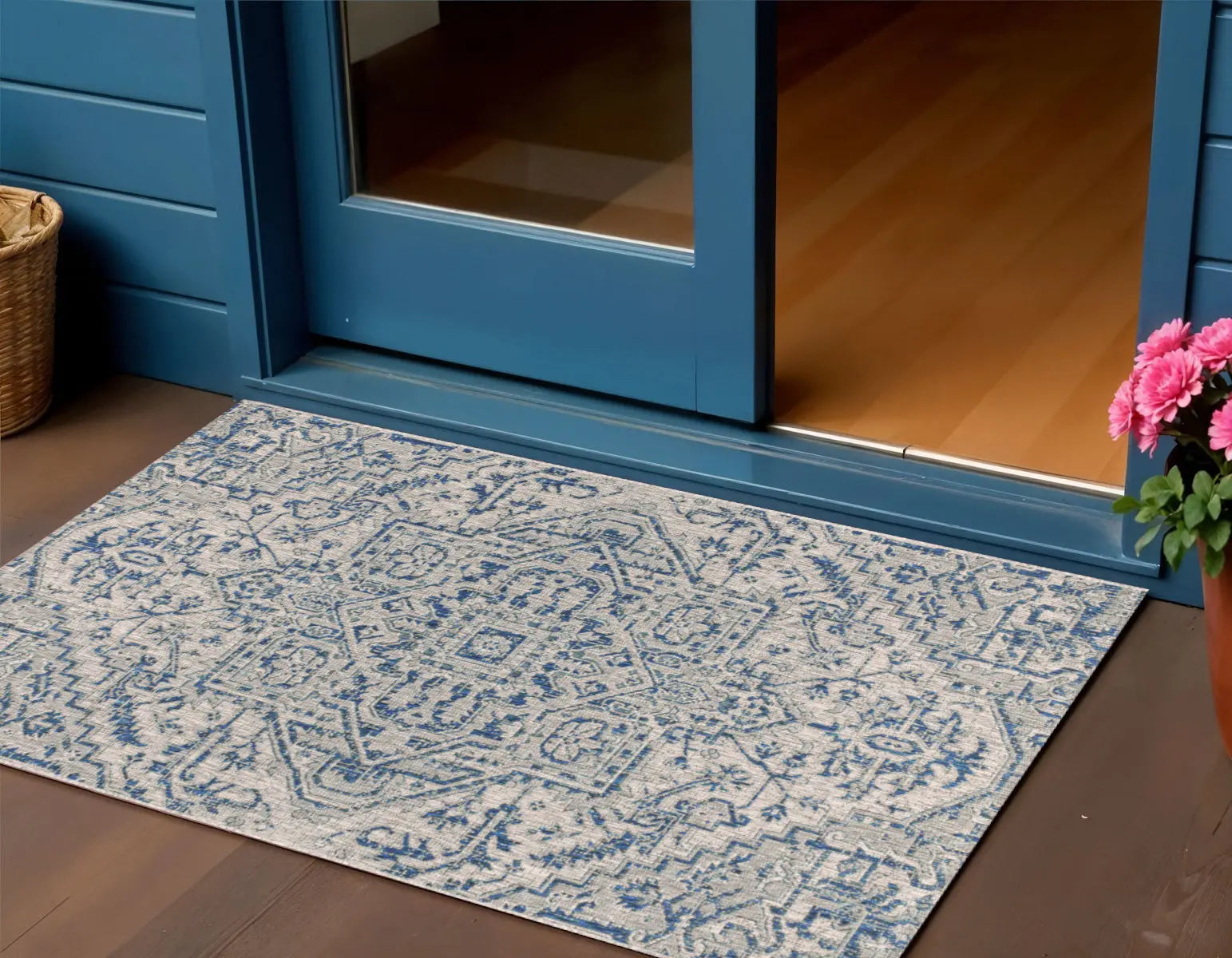 3' X 5' Navy Blue And Gray Medallion Indoor Outdoor Area Rug Homeroots Outdoor