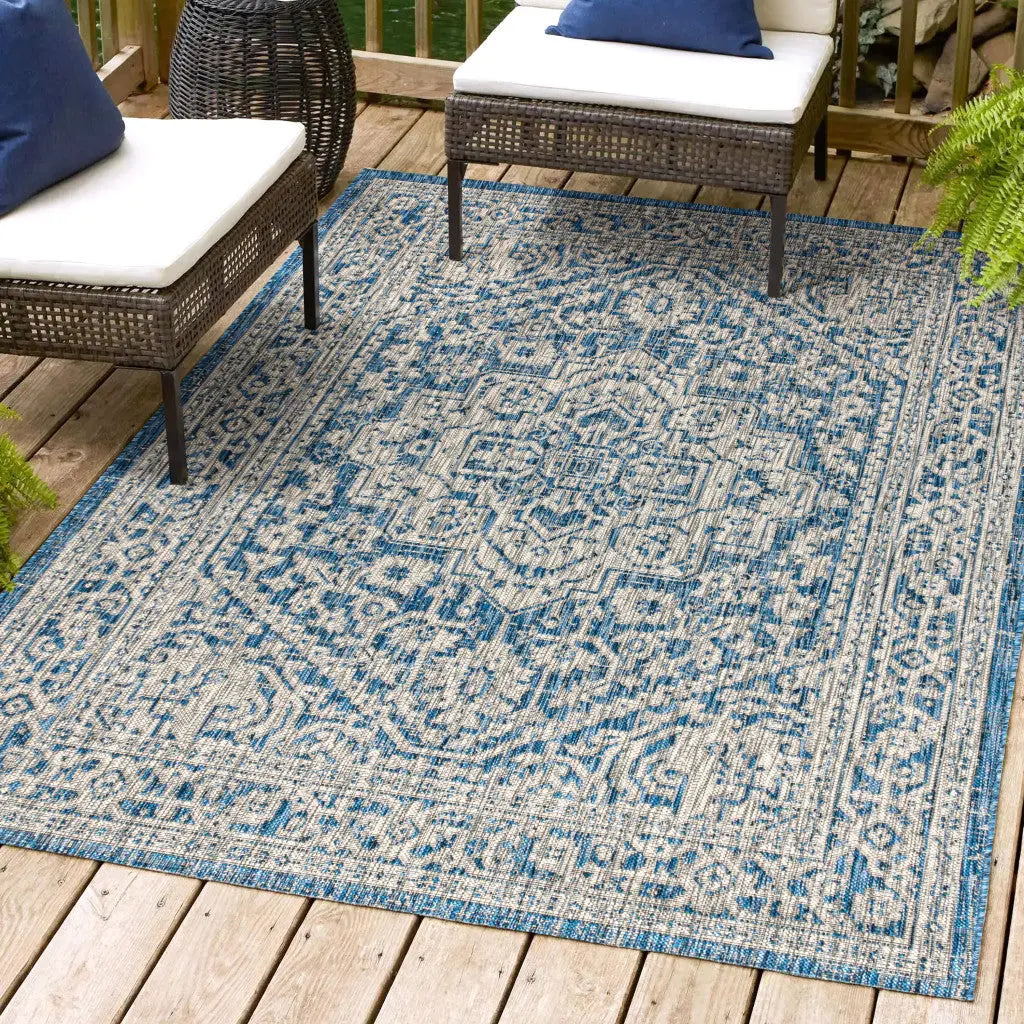 3' X 5' Navy Blue And Gray Medallion Indoor Outdoor Area Rug Homeroots Outdoor