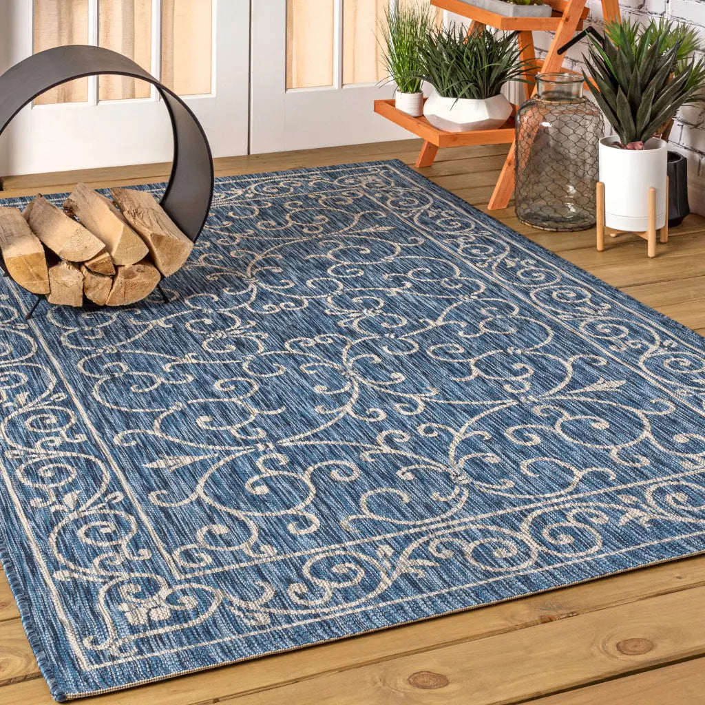 3' X 5' Navy Blue And Gray Medallion Indoor Outdoor Area Rug Homeroots Outdoor
