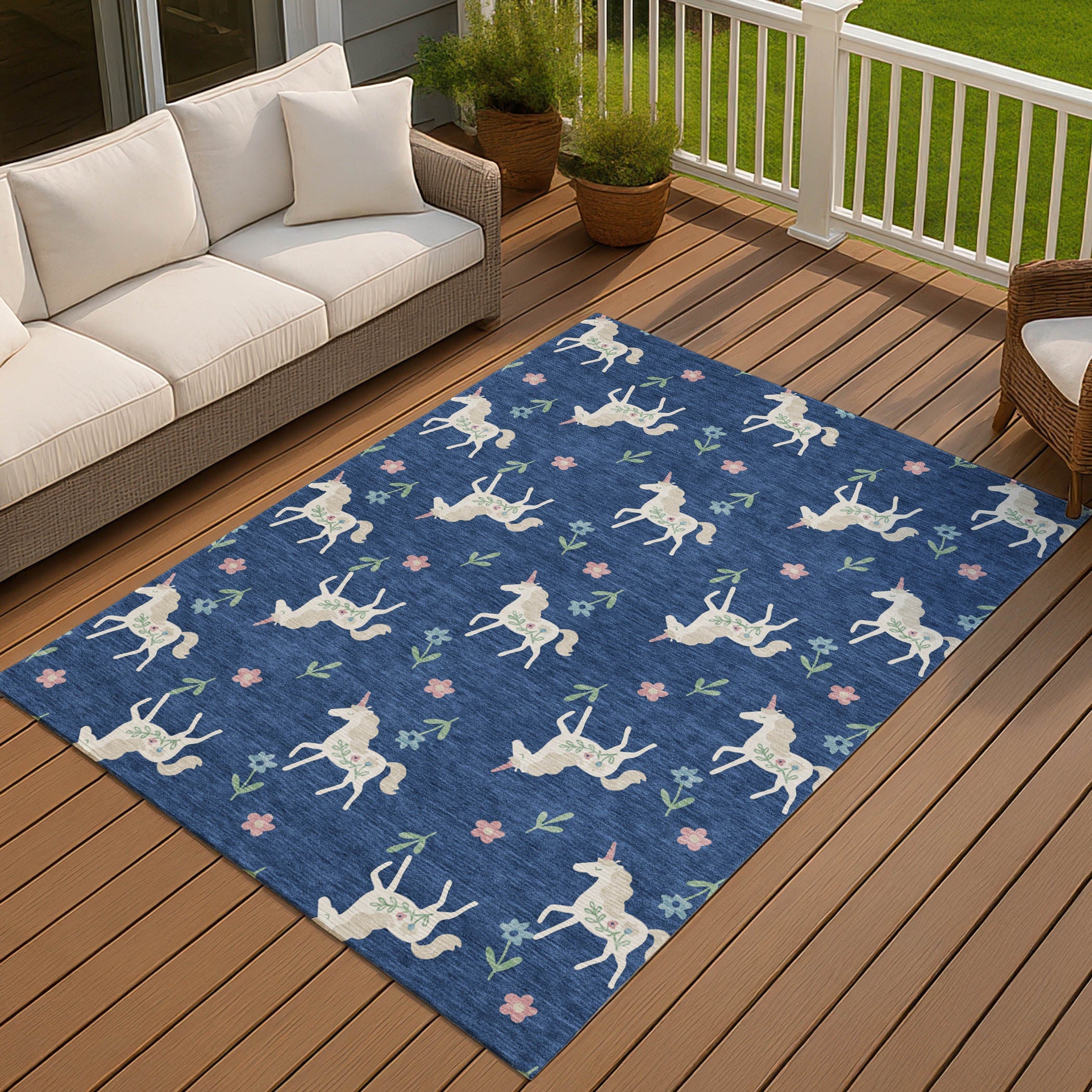 3' X 5' Navy Blue And Green Floral Washable Indoor Outdoor Area Rug Homeroots Outdoor