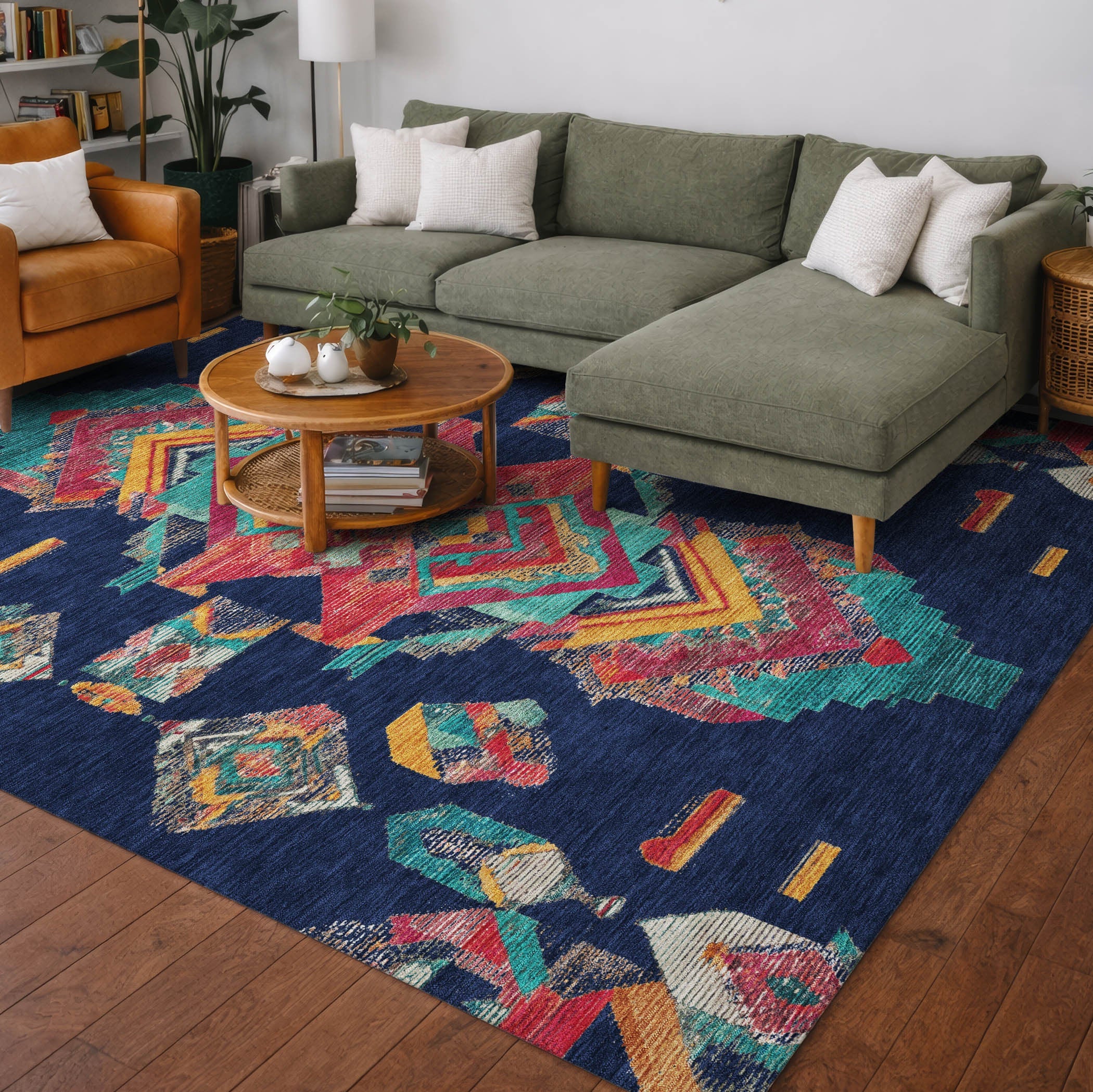 3' X 5' Navy Blue And Green Tribal Washable Indoor Outdoor Area Rug Homeroots Outdoor