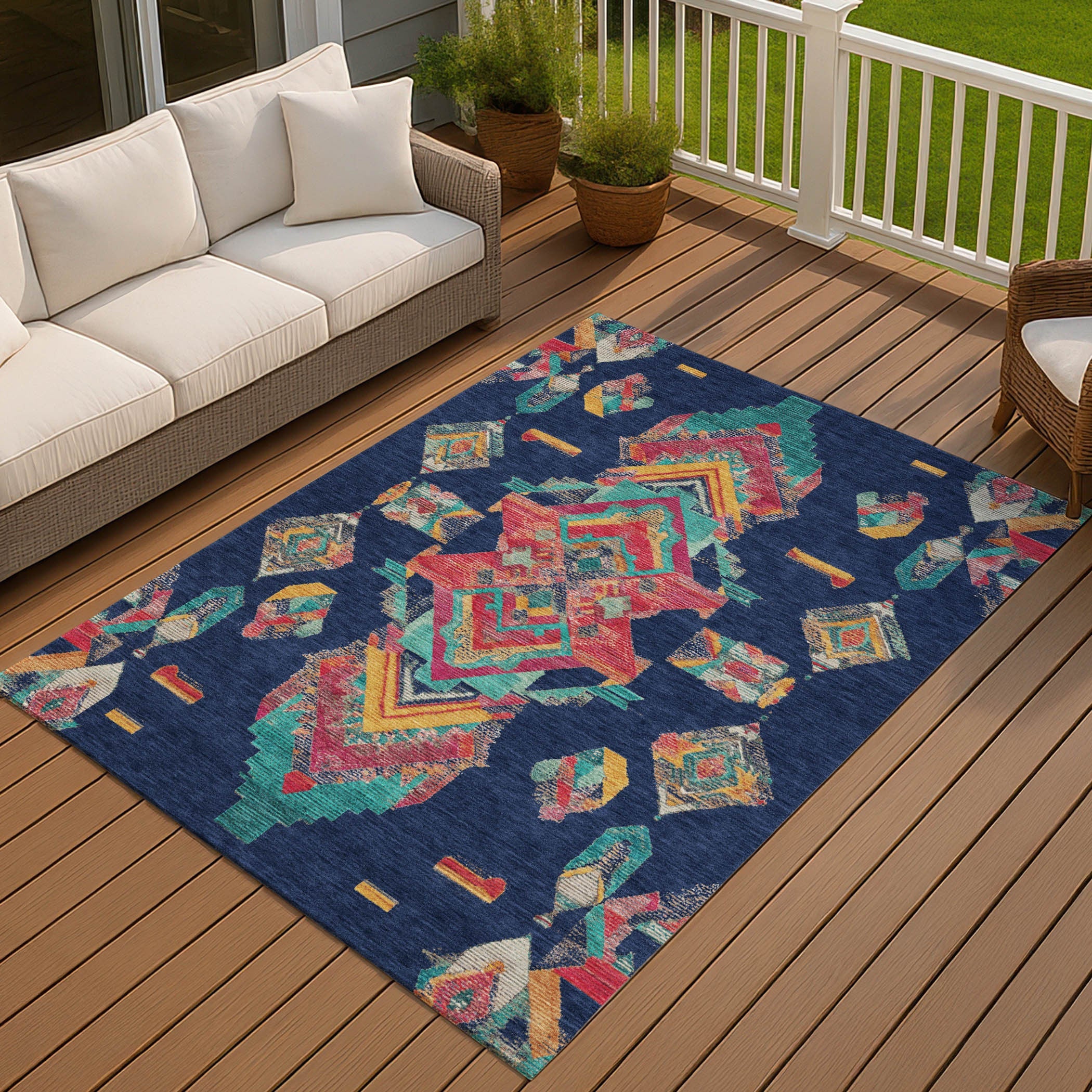 3' X 5' Navy Blue And Green Tribal Washable Indoor Outdoor Area Rug Homeroots Outdoor