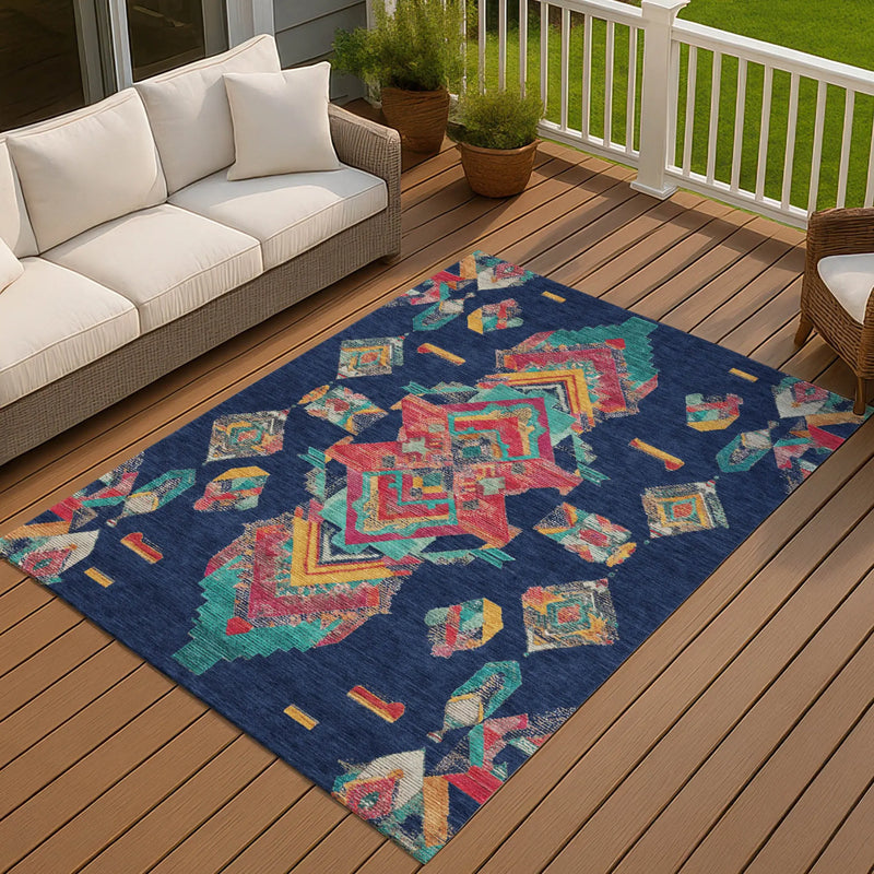 3' X 5' Navy Blue And Green Tribal Washable Indoor Outdoor Area Rug Homeroots Outdoor